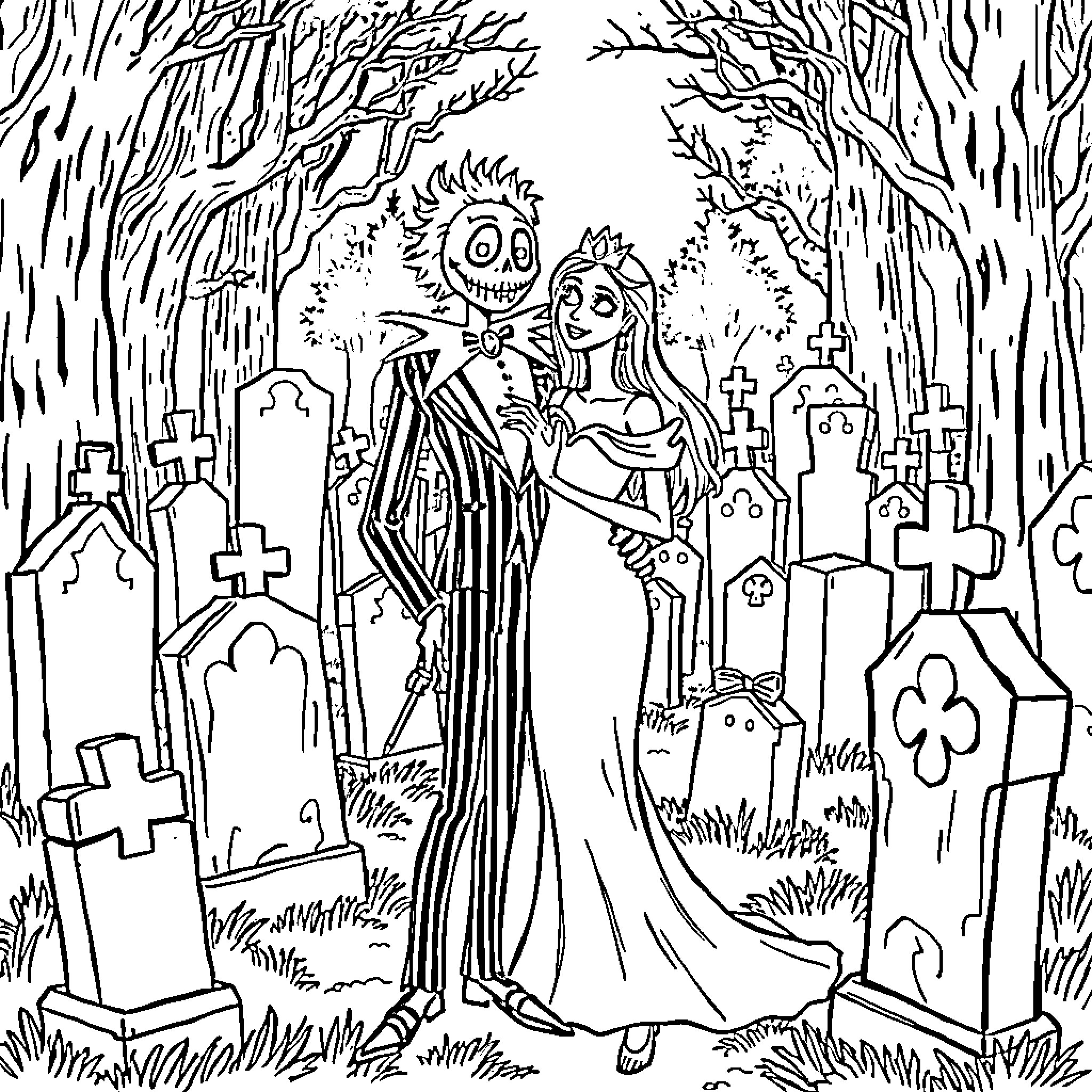 Beetlejuice's Haunting Romance in the Graveyard Coloring Page (free black-and-white line drawing printable PDF for all, from beginners to advanced learners, including children, teens, adults, and seniors)