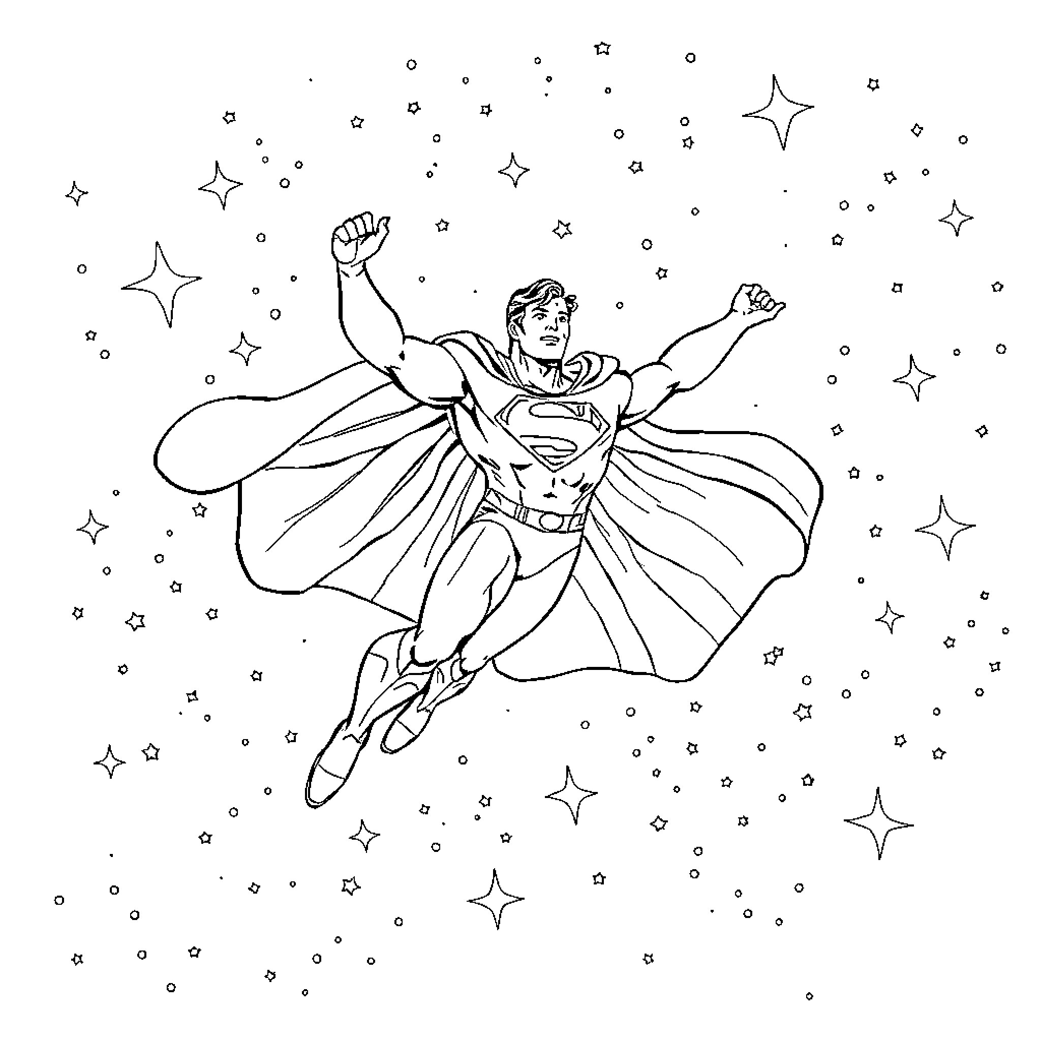 Superman soaring heroically through the stars Coloring Page (free black-and-white line drawing printable PDF for all, from beginners to advanced learners, including children, teens, adults, and seniors)