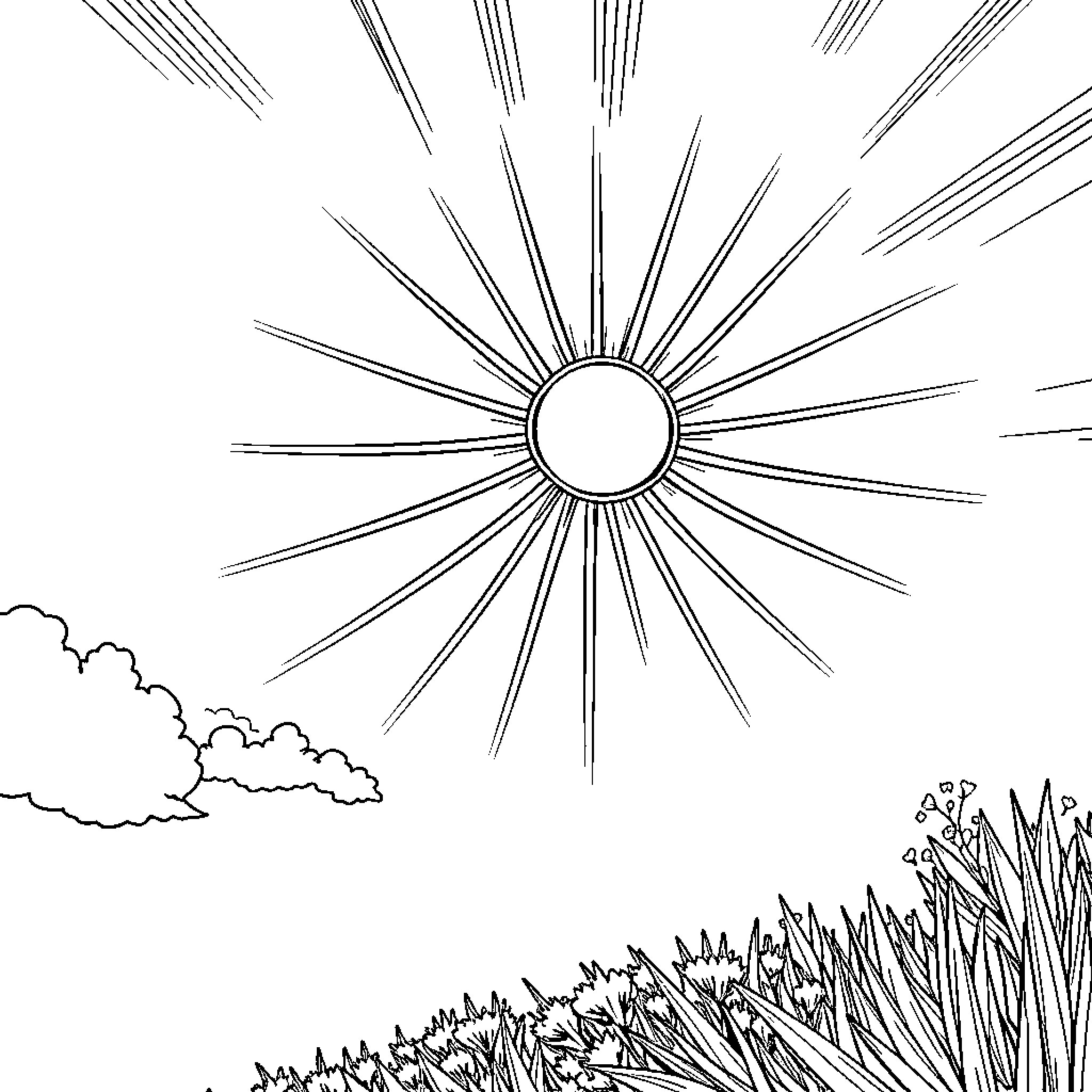 Sunshine bursting through clouds in the sky Coloring Page (free black-and-white line drawing printable PDF for all, from beginners to advanced learners, including children, teens, adults, and seniors)