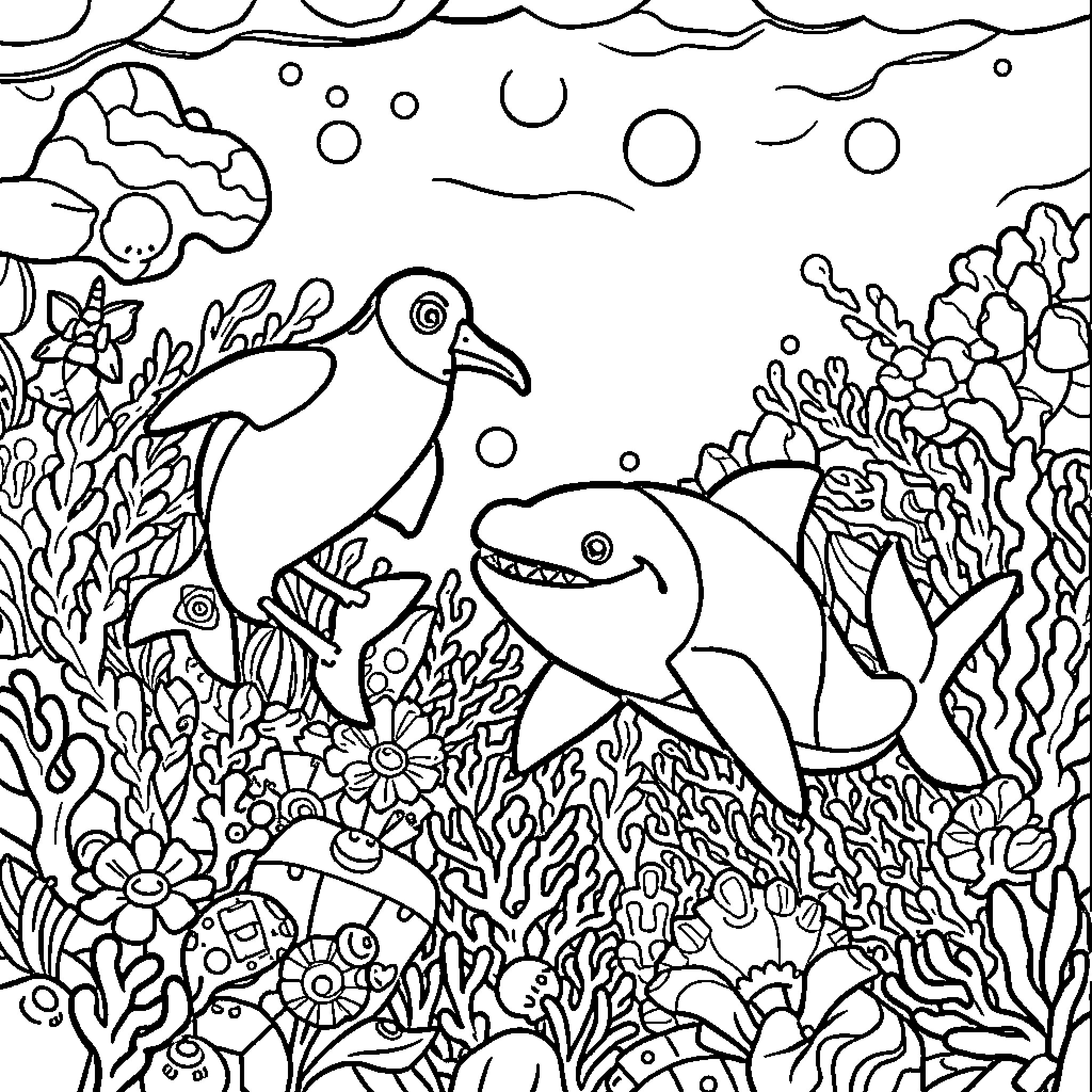 Underwater scene with marine life and vegetation Coloring Page (free black-and-white line drawing printable PDF for all, from beginners to advanced learners, including children, teens, adults, and seniors)