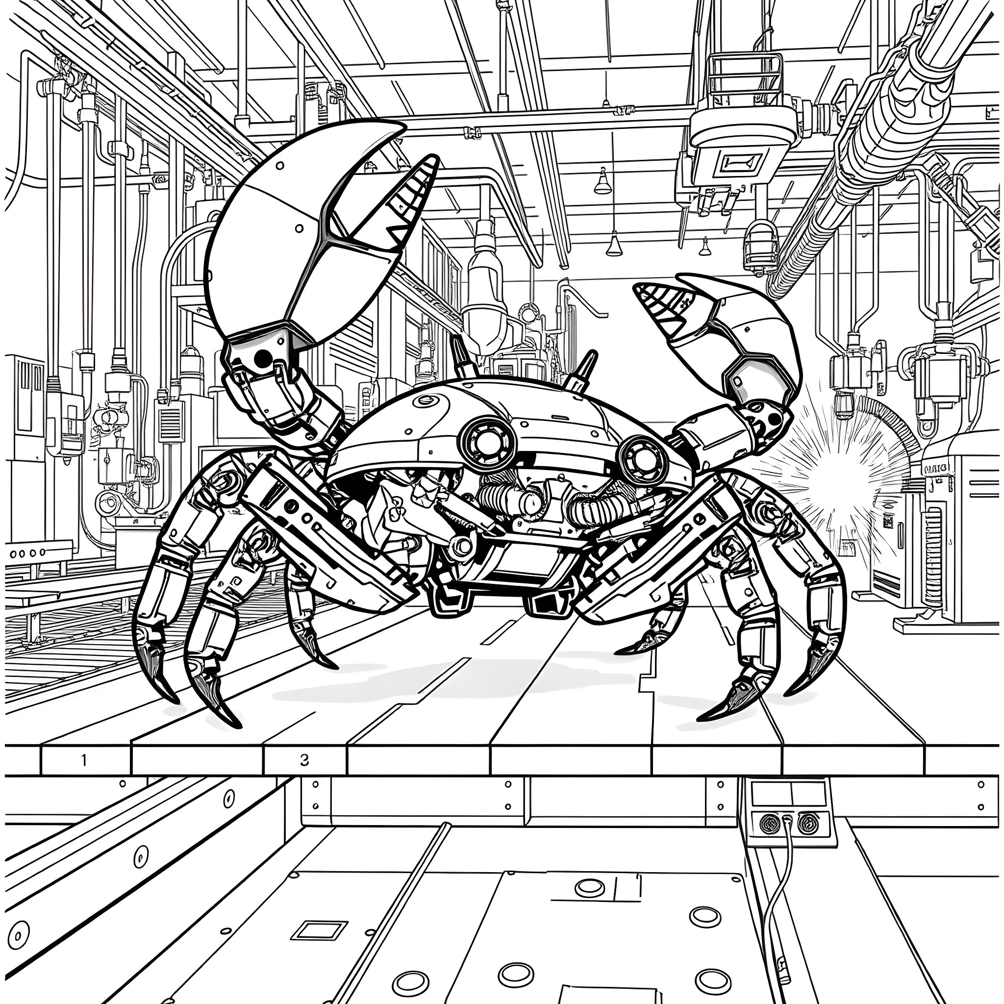 Crab-like robot in a futuristic industrial setting Coloring Page (free black-and-white line drawing printable PDF for all, from beginners to advanced learners, including children, teens, adults, and seniors)