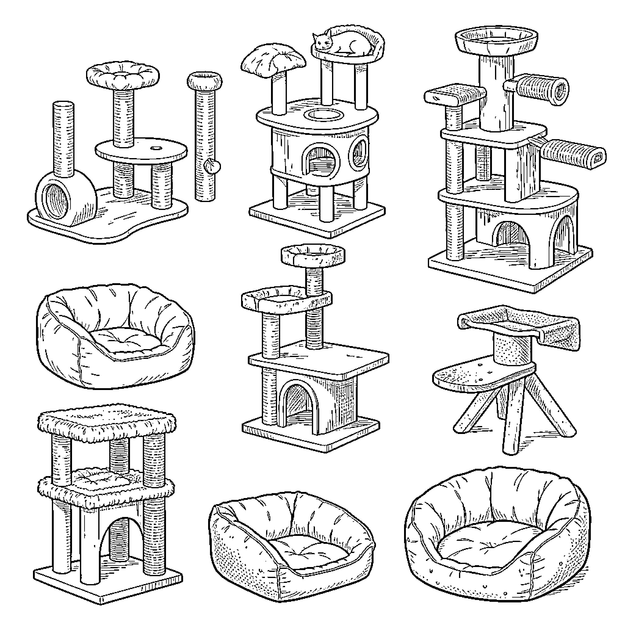 Cat Furniture collection with various climbing structures and beds Coloring Page (free black-and-white line drawing printable PDF for all, from beginners to advanced learners, including children, teens, adults, and seniors)