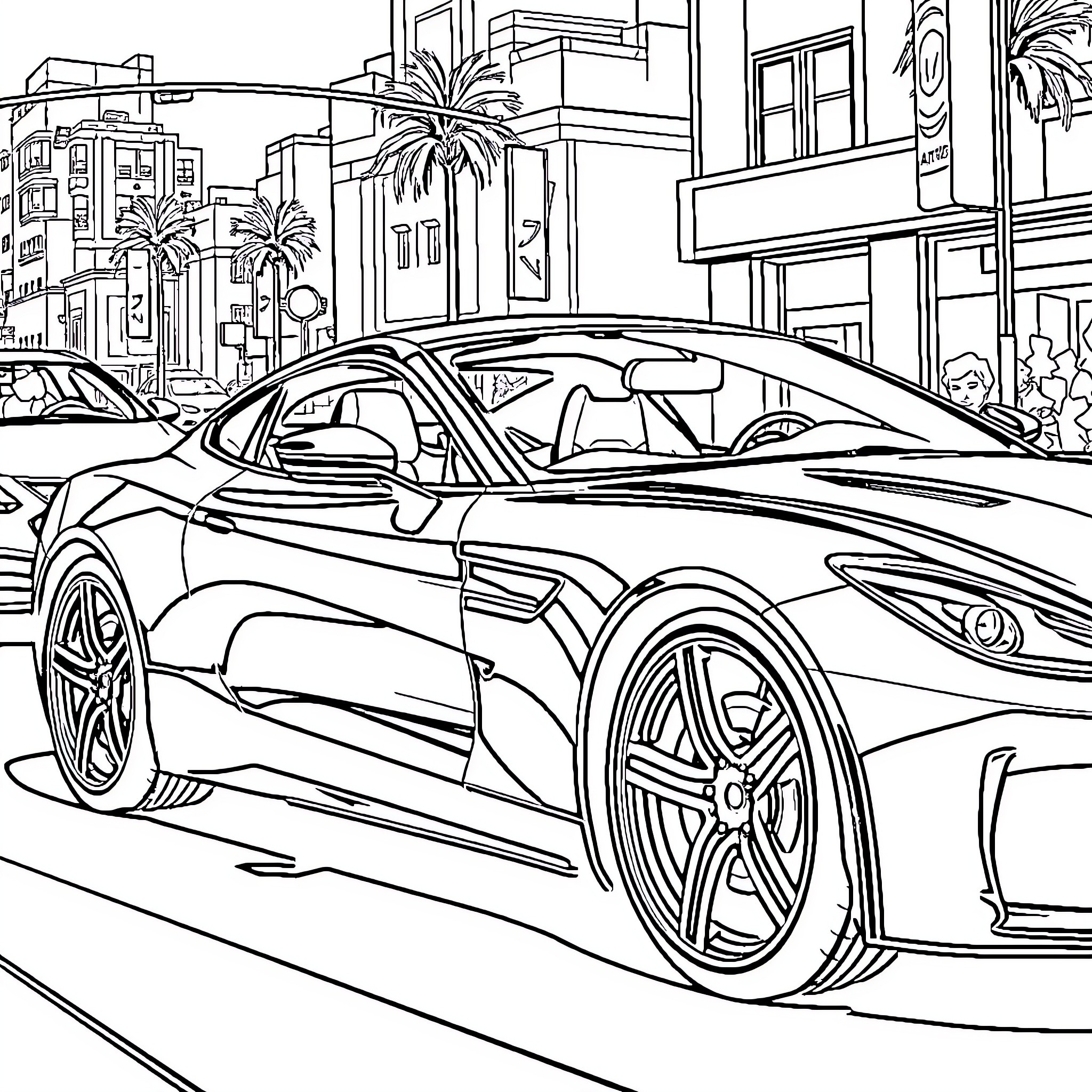Cr7 luxury sports car in a vibrant city Coloring Page (free black-and-white line drawing printable PDF for all, from beginners to advanced learners, including children, teens, adults, and seniors)