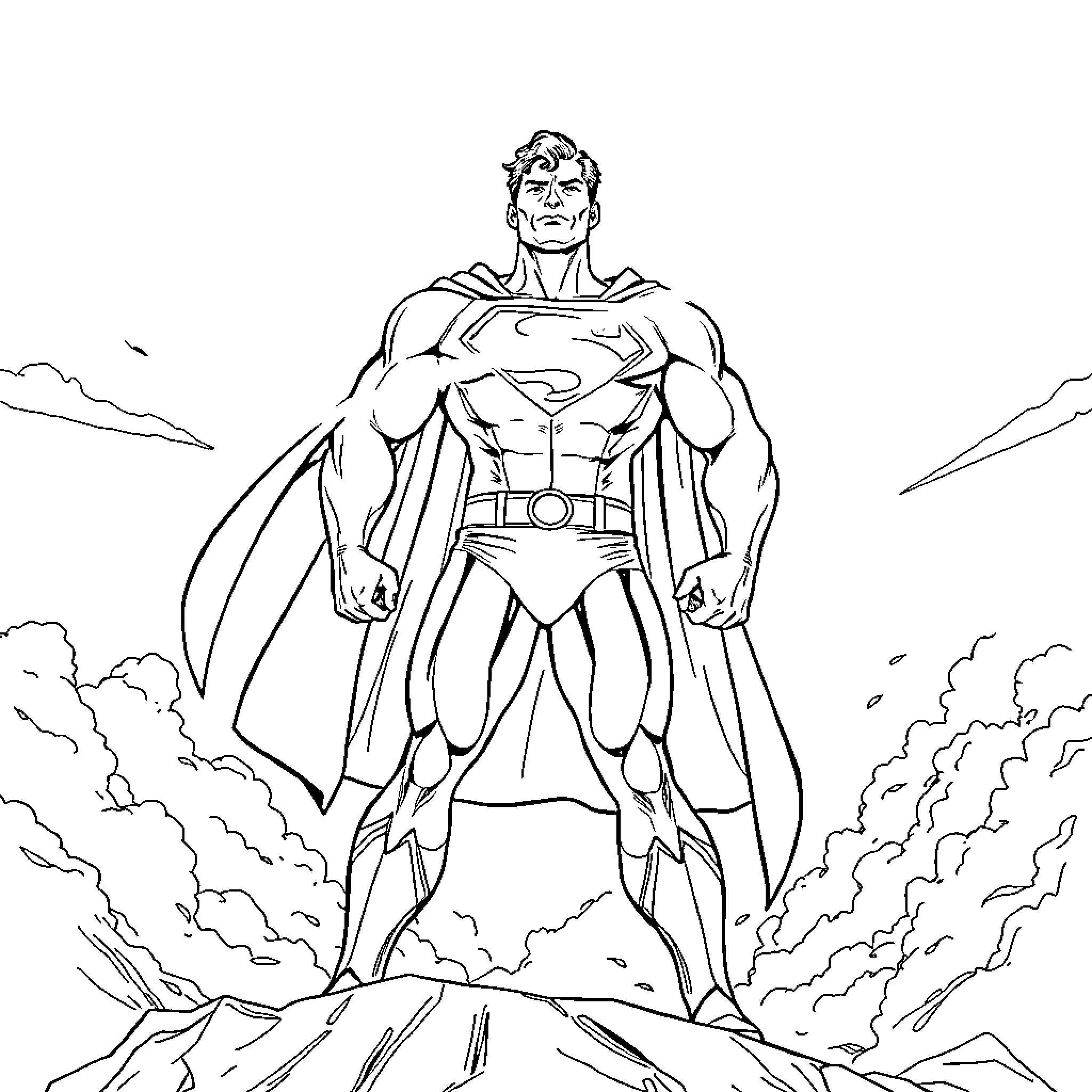 Superman standing tall and heroic in the clouds Coloring Page (free black-and-white line drawing printable PDF for all, from beginners to advanced learners, including children, teens, adults, and seniors)