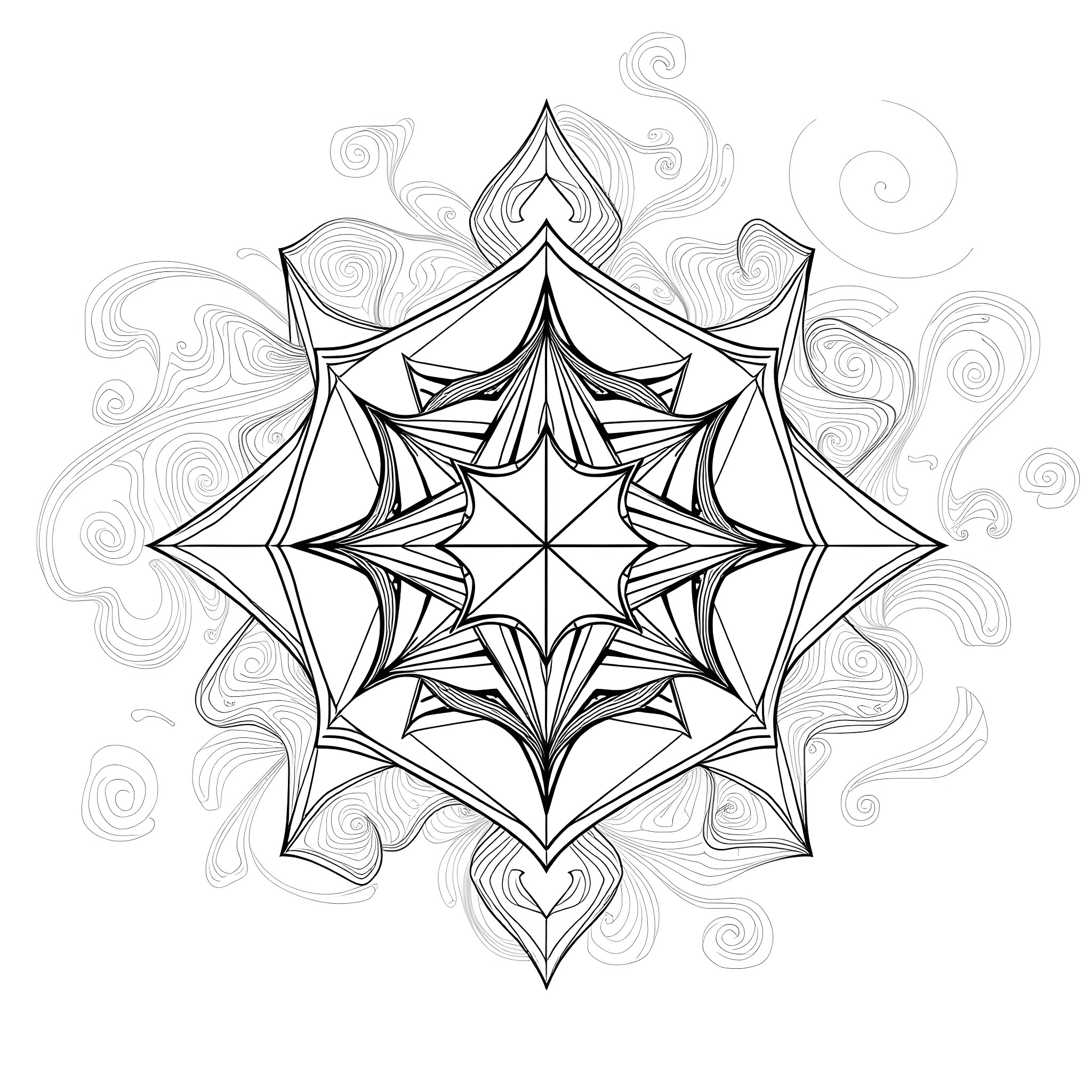 Abstract Geometric Pattern with Swirls and Shapes Coloring Page (free black-and-white line drawing printable PDF for all, from beginners to advanced learners, including children, teens, adults, and seniors)