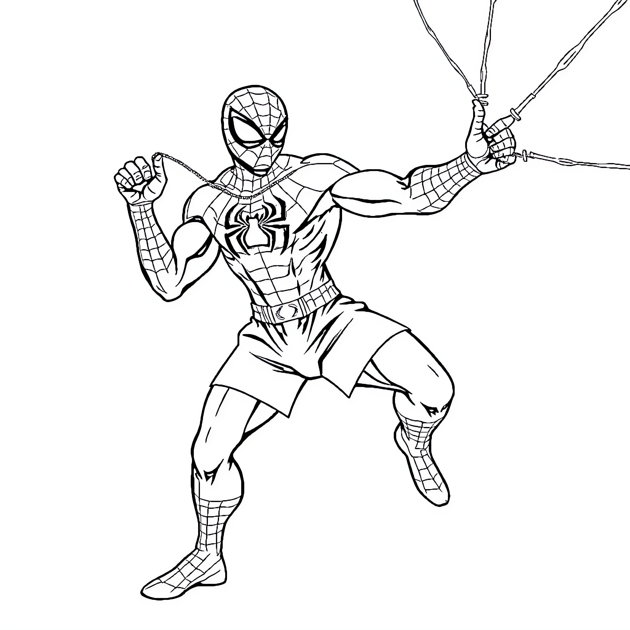 Spiderman swinging into action with webbing Coloring Page (free black-and-white line drawing printable PDF for all, from beginners to advanced learners, including children, teens, adults, and seniors)