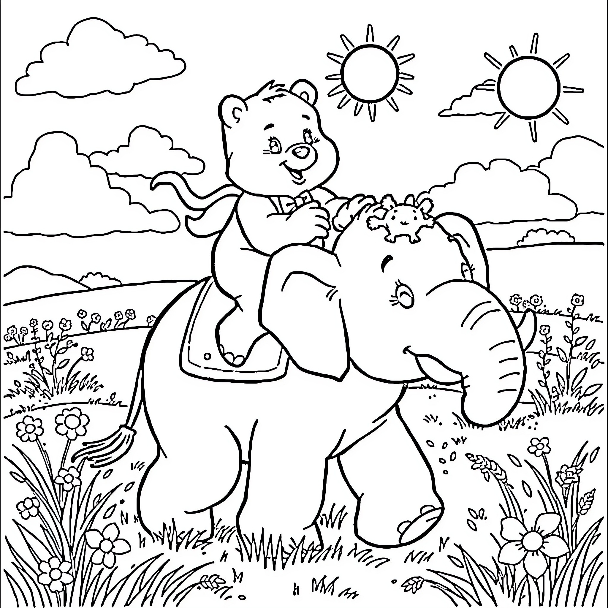 Care Bear riding on elephant in nature Coloring Page (free black-and-white line drawing printable PDF for all, from beginners to advanced learners, including children, teens, adults, and seniors)