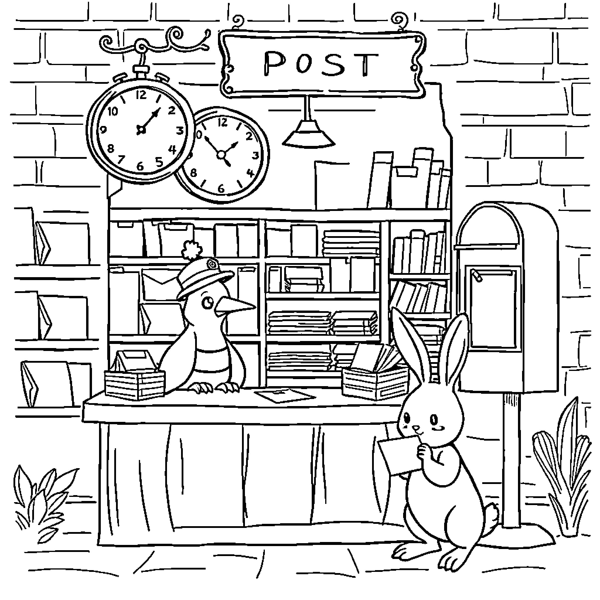Post Shop with Whimsical Animal Figures Coloring Page (free black-and-white line drawing printable PDF for all, from beginners to advanced learners, including children, teens, adults, and seniors)
