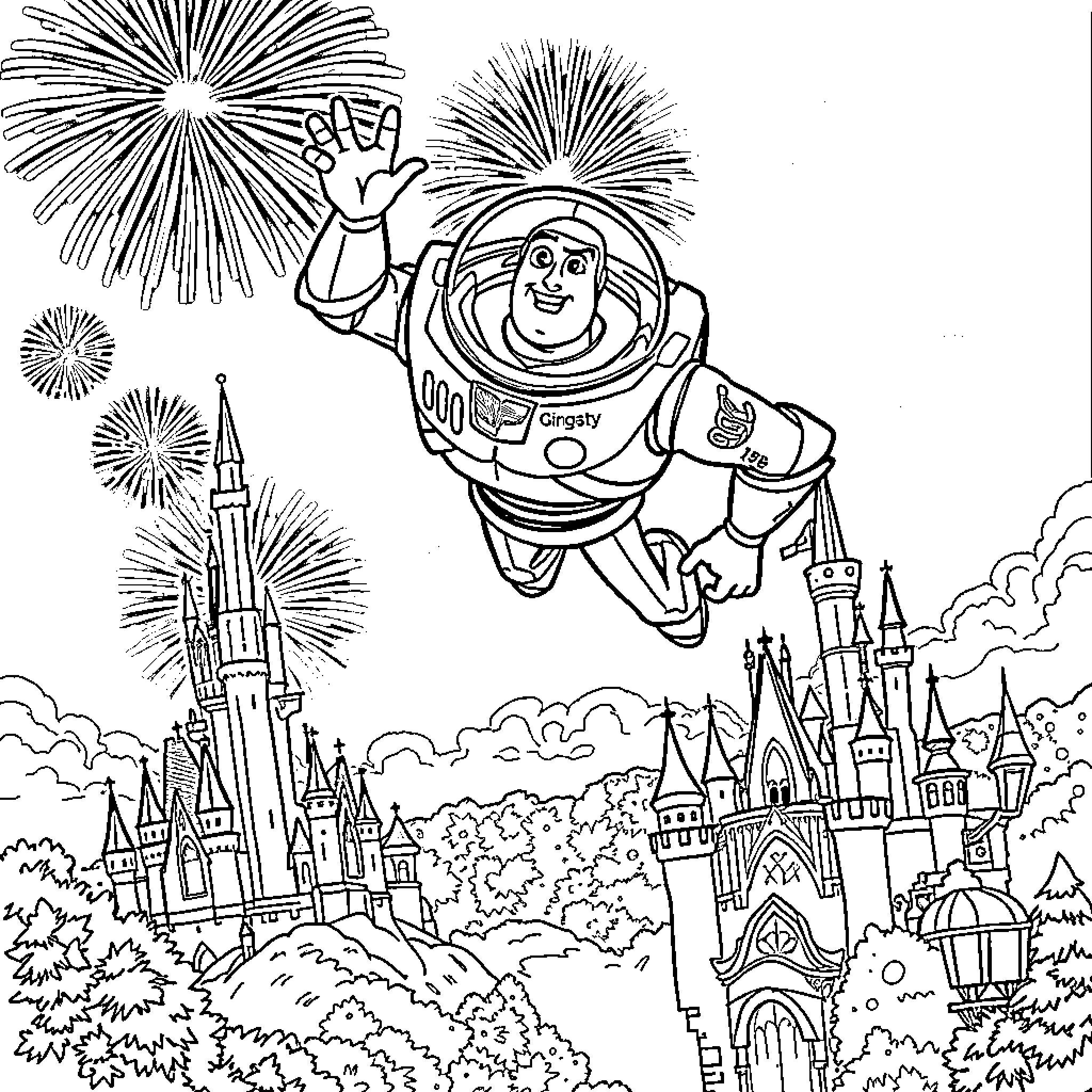Buzz Lightyear soaring above a magical castle Coloring Page (free black-and-white line drawing printable PDF for all, from beginners to advanced learners, including children, teens, adults, and seniors)