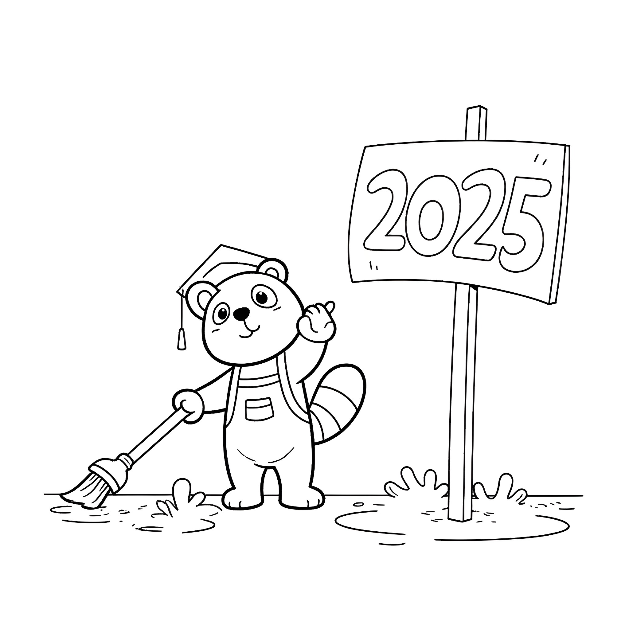 Panda holding 2025 sign in a field Coloring Page (free black-and-white line drawing printable PDF for all, from beginners to advanced learners, including children, teens, adults, and seniors)
