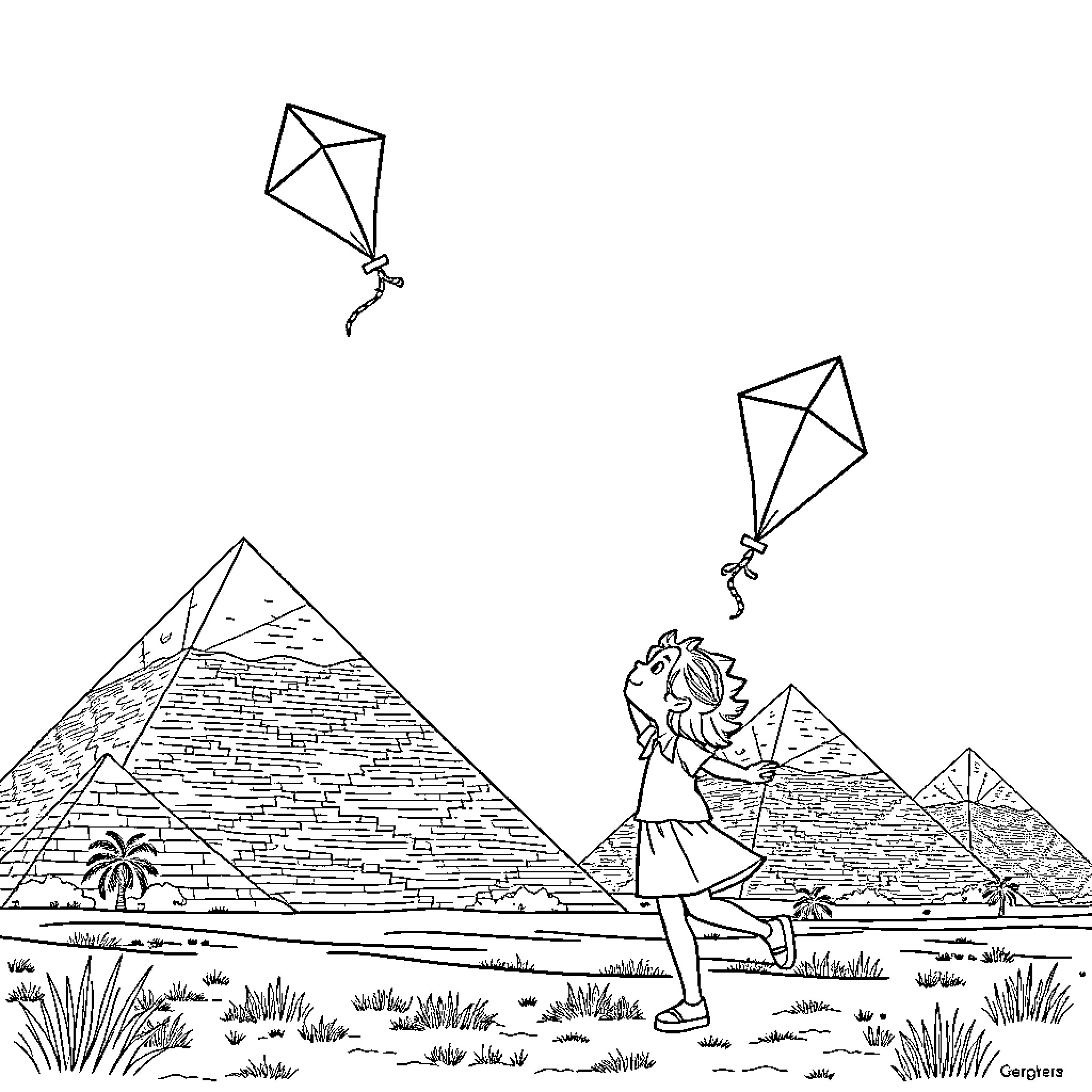 Gabby flying kites in the desert with pyramids Coloring Page (free black-and-white line drawing printable PDF for all, from beginners to advanced learners, including children, teens, adults, and seniors)