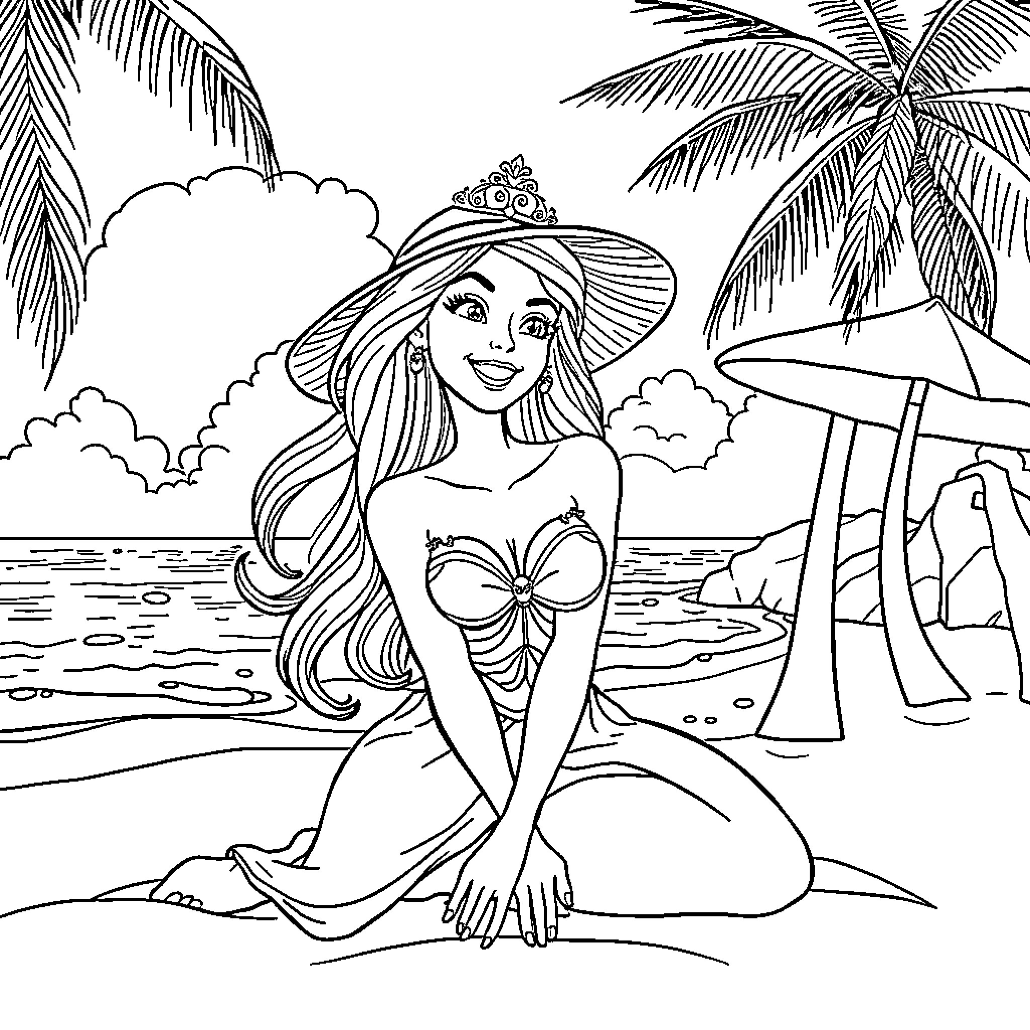 Princess relaxing on the tropical beach Coloring Page (free black-and-white line drawing printable PDF for all, from beginners to advanced learners, including children, teens, adults, and seniors)