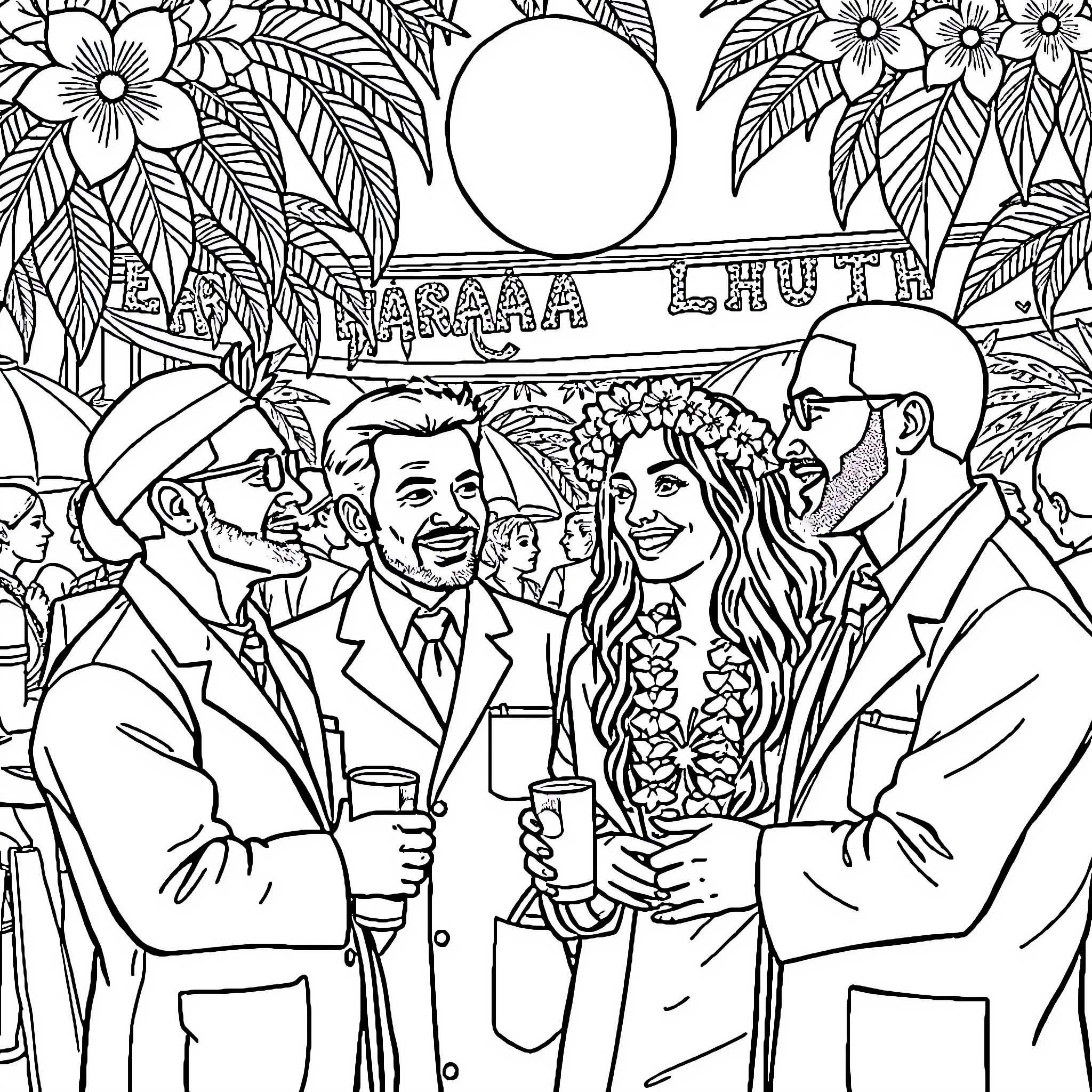 Doctor Attends a Tropical Wedding Celebration Coloring Page (free black-and-white line drawing printable PDF for all, from beginners to advanced learners, including children, teens, adults, and seniors)