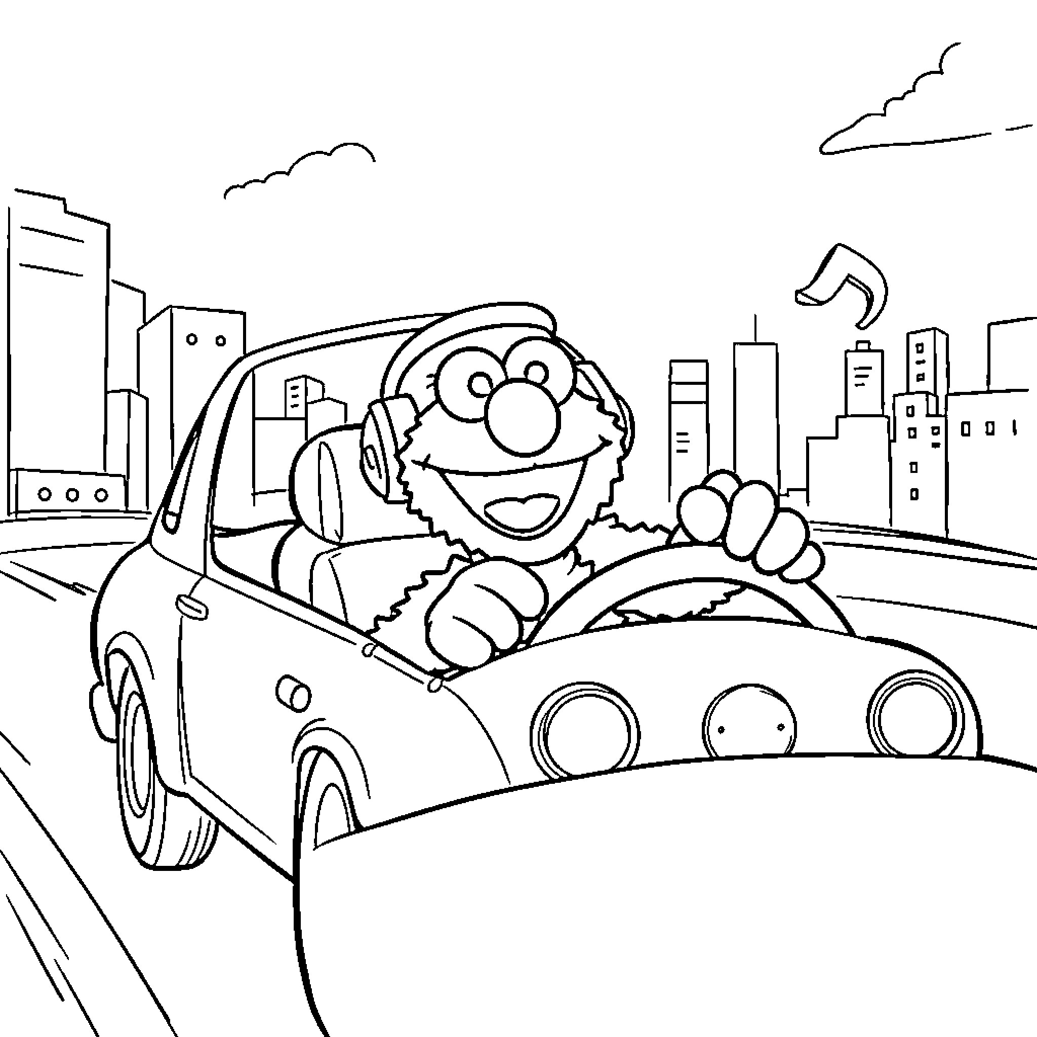 Elmo driving happily through the city streets Coloring Page (free black-and-white line drawing printable PDF for all, from beginners to advanced learners, including children, teens, adults, and seniors)