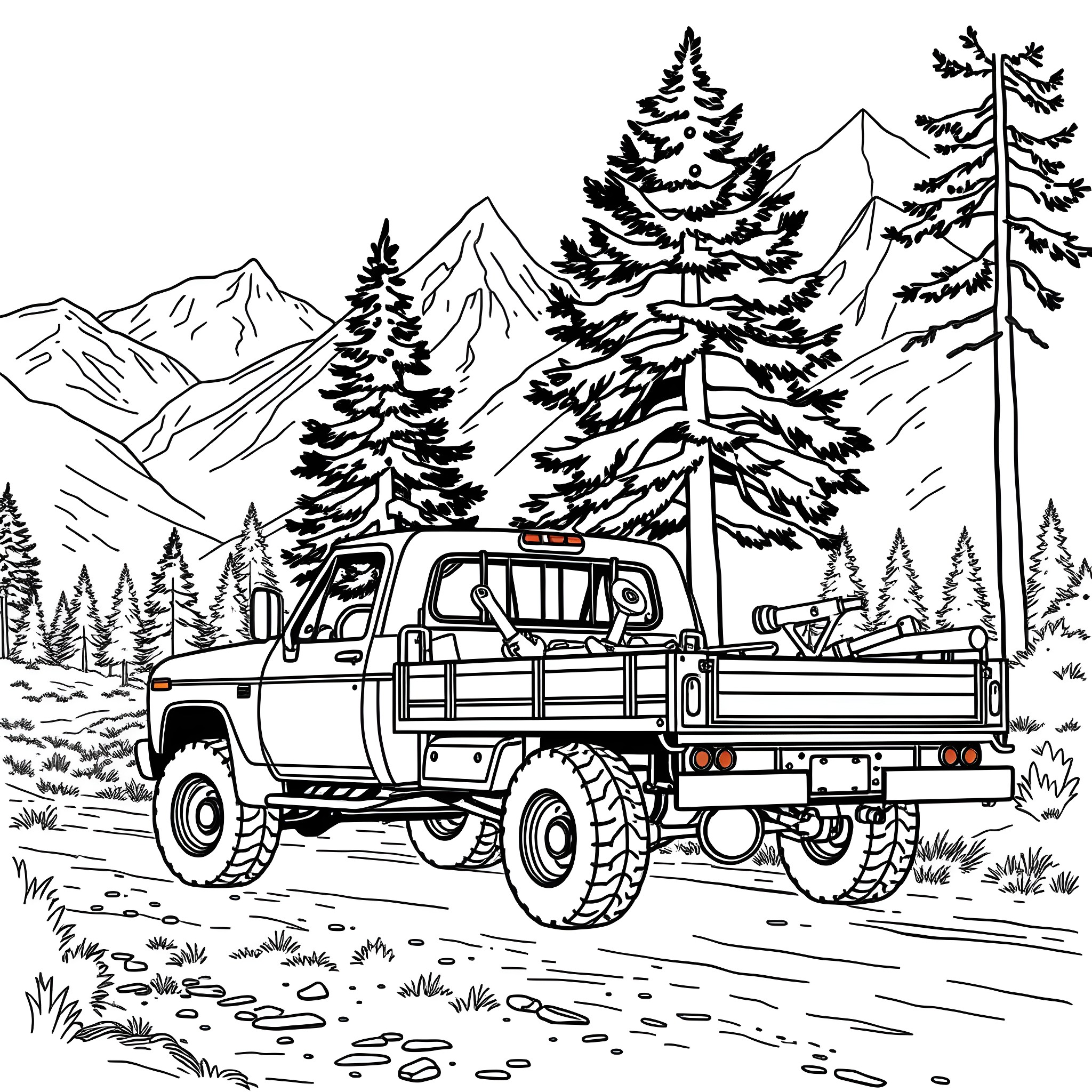 Flatbed truck traversing rugged mountain terrain Coloring Page (free black-and-white line drawing printable PDF for all, from beginners to advanced learners, including children, teens, adults, and seniors)