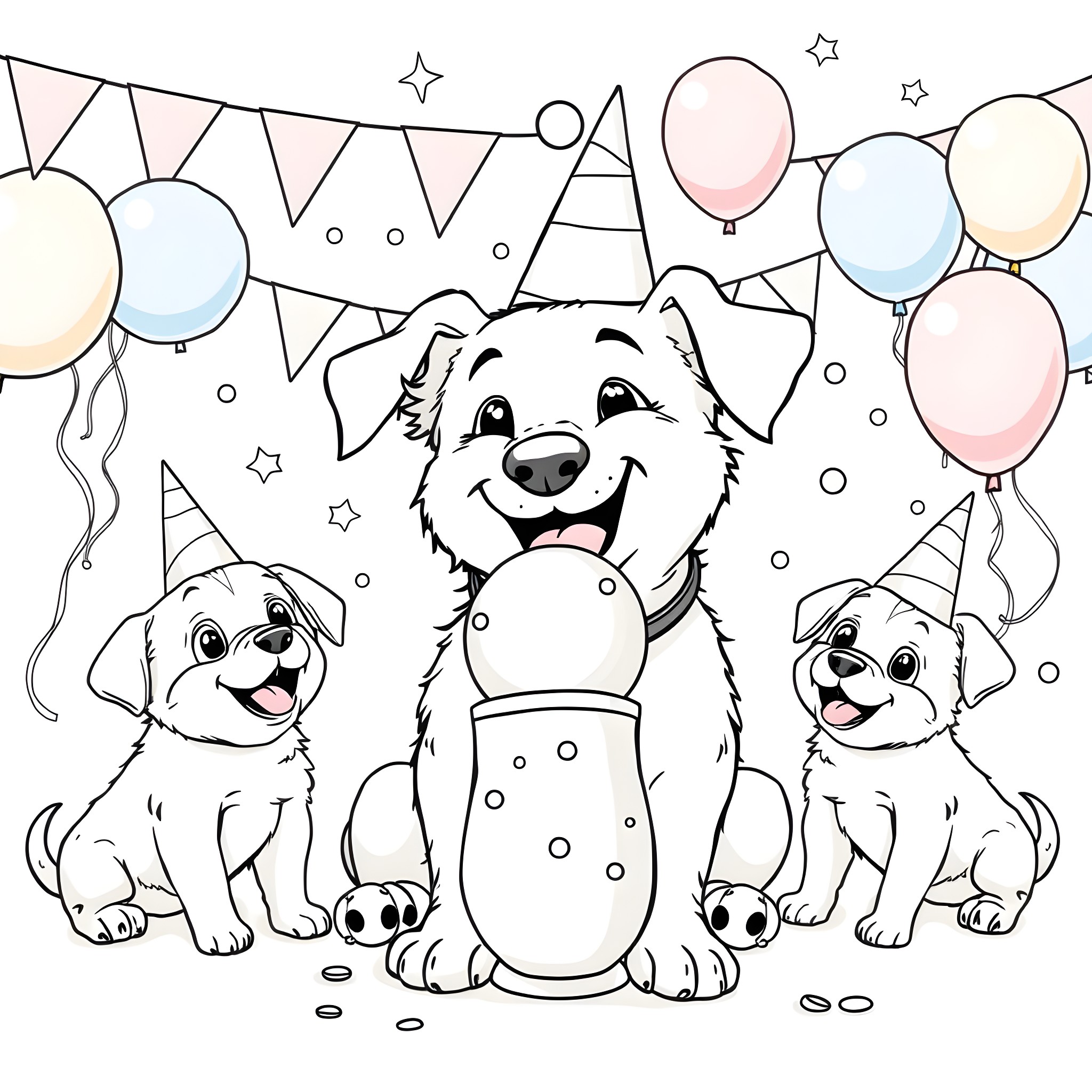 Bingo Party with Adorable Pups and Balloons Coloring Page (free black-and-white line drawing printable PDF for all, from beginners to advanced learners, including children, teens, adults, and seniors)