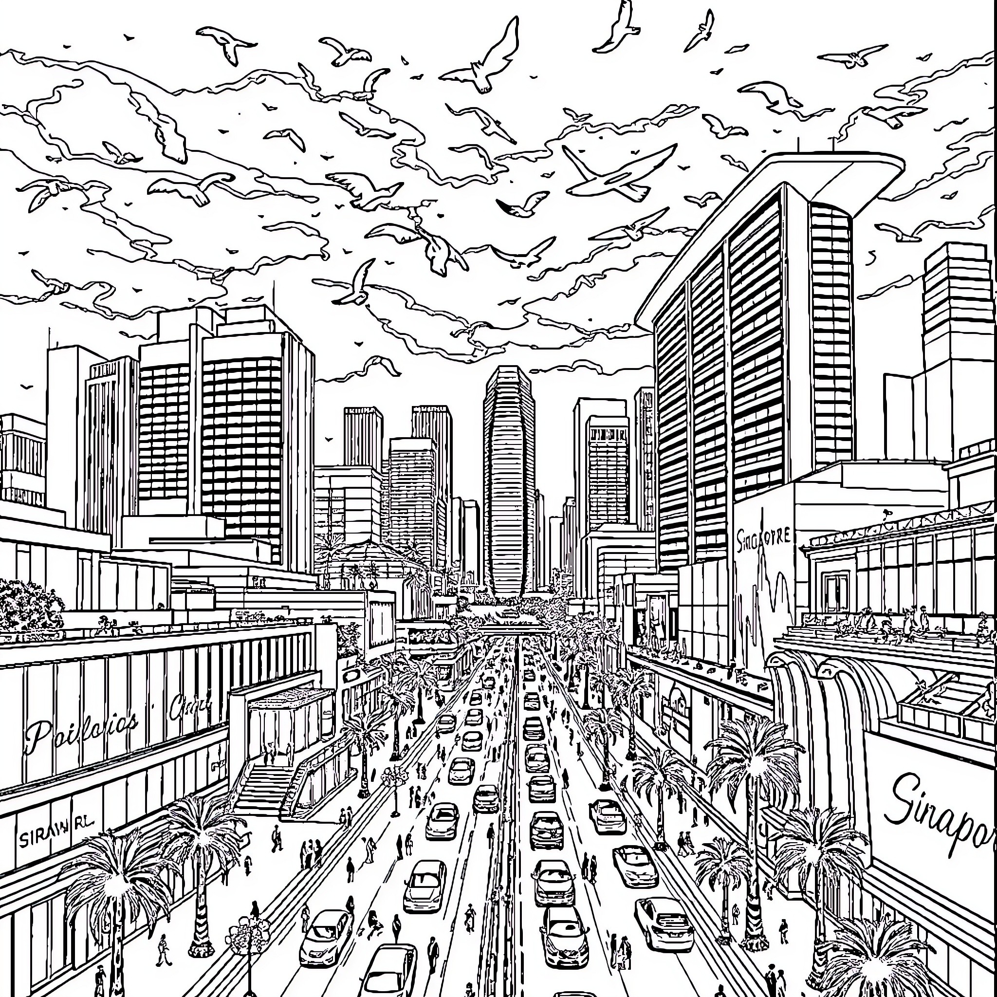 Cityscape of a bustling metropolitan city Coloring Page (free black-and-white line drawing printable PDF for all, from beginners to advanced learners, including children, teens, adults, and seniors)