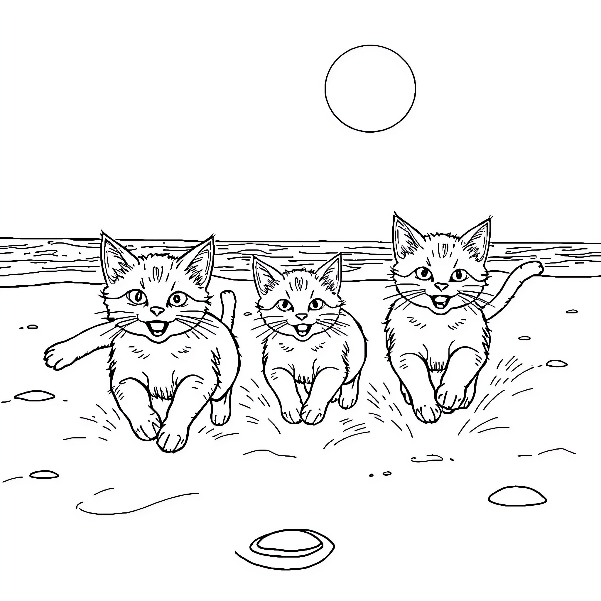 Cat trio playing on the beach Coloring Page (free black-and-white line drawing printable PDF for all, from beginners to advanced learners, including children, teens, adults, and seniors)
