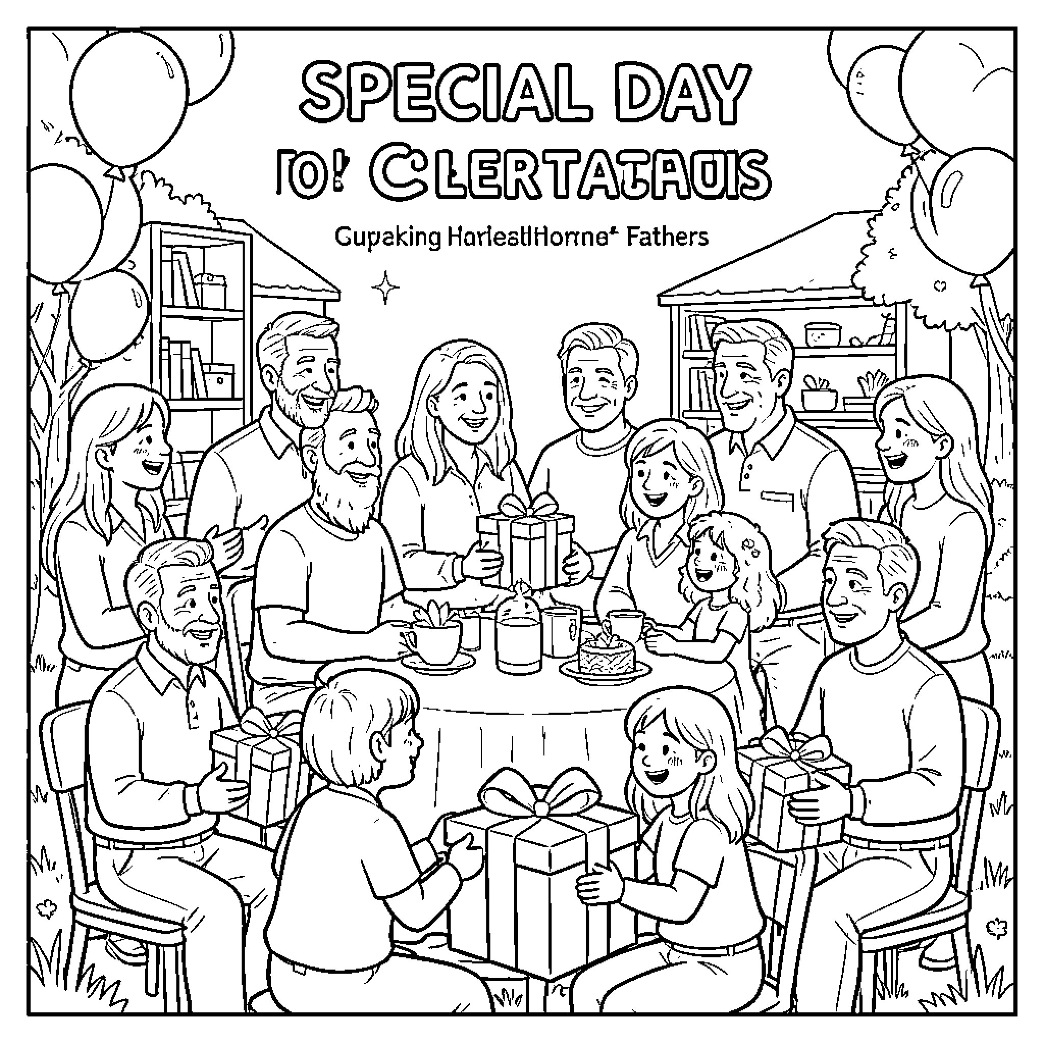 Father’s Day celebration with family sharing gifts and cake Coloring Page (free black-and-white line drawing printable PDF for all, from beginners to advanced learners, including children, teens, adults, and seniors)