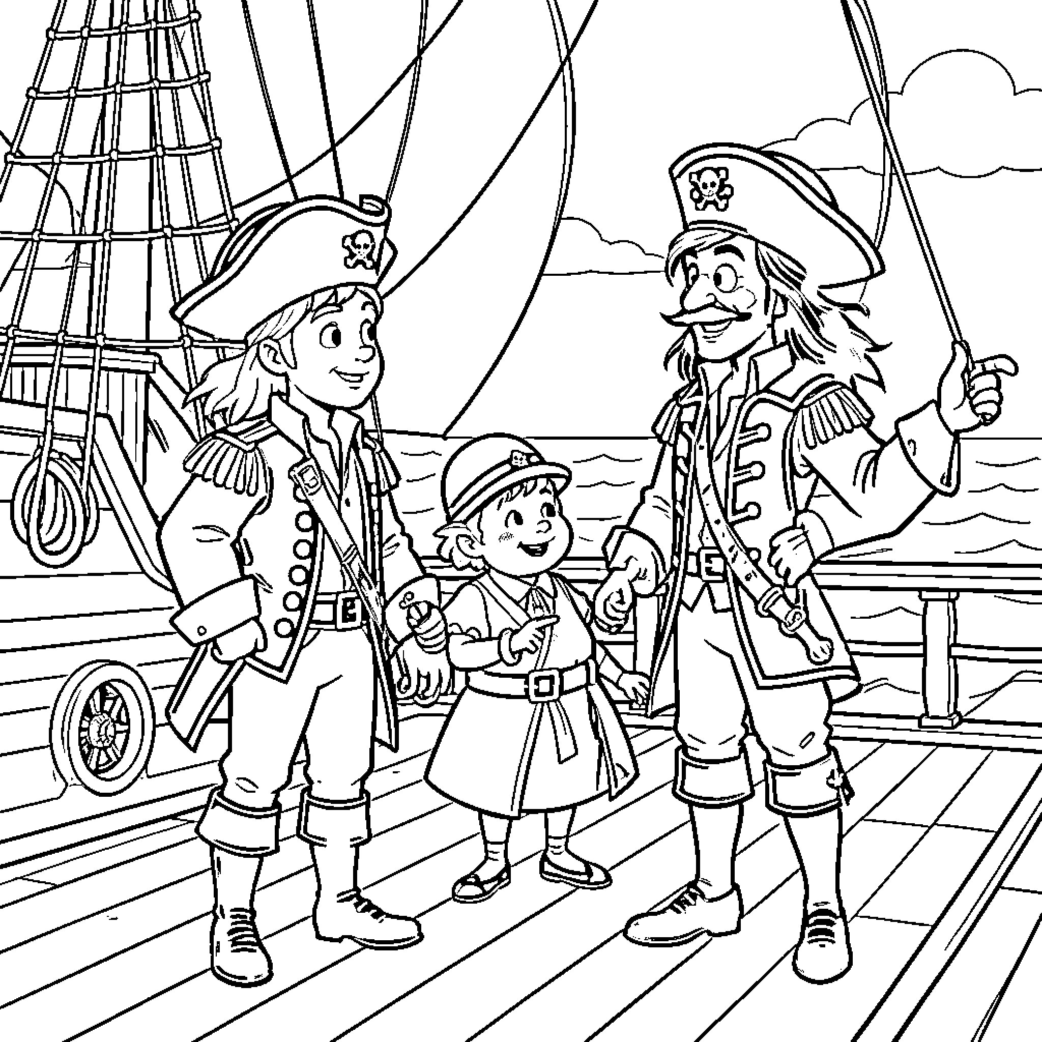 Peter Pan and friends on a pirate ship Coloring Page (free black-and-white line drawing printable PDF for all, from beginners to advanced learners, including children, teens, adults, and seniors)