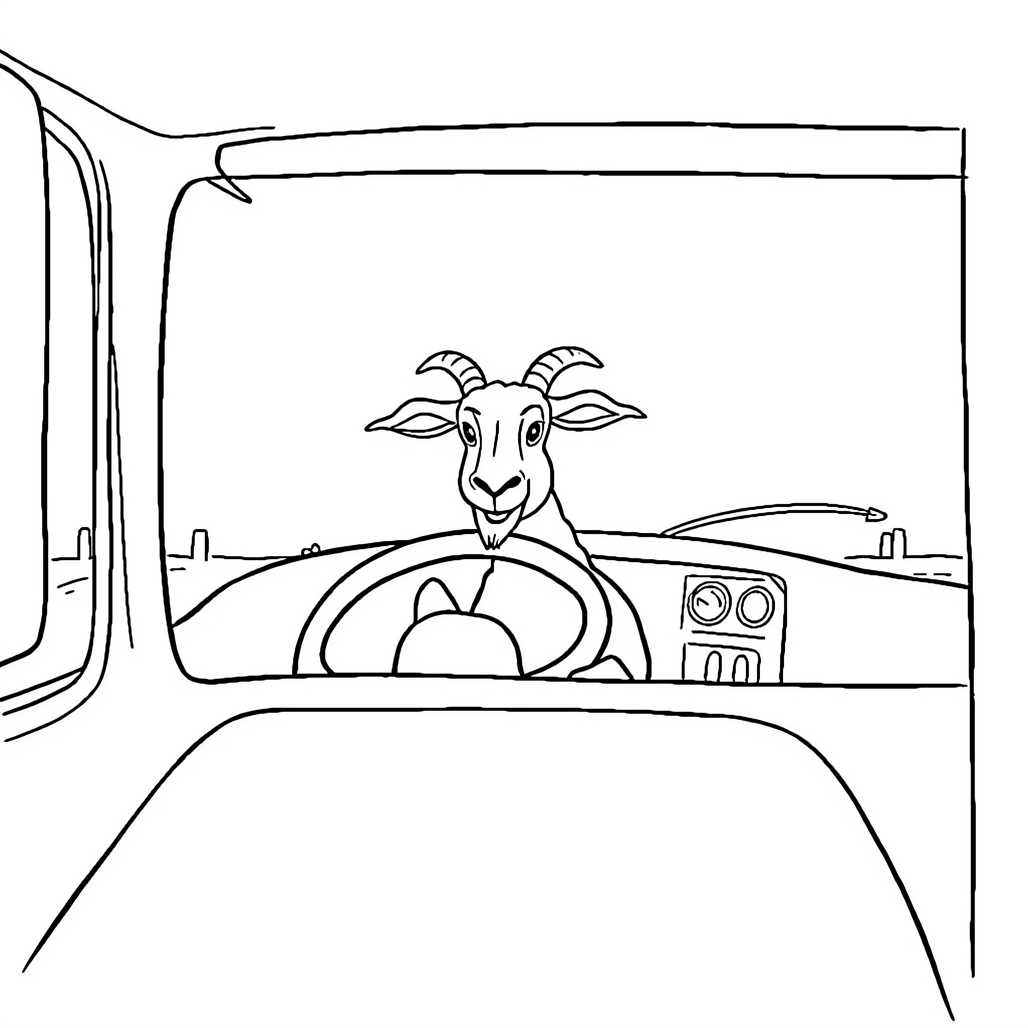 Goat driving a vehicle on the road Coloring Page (free black-and-white line drawing printable PDF for all, from beginners to advanced learners, including children, teens, adults, and seniors)