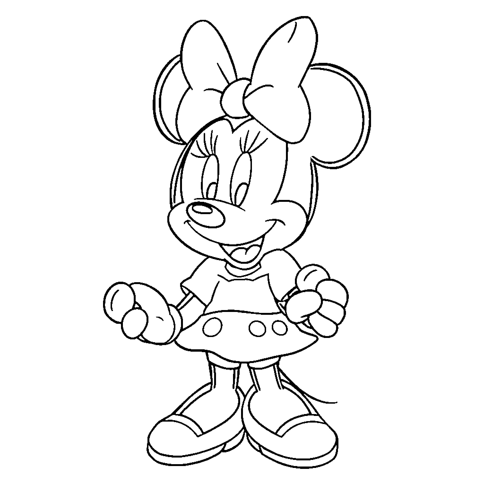 Minnie Mouse in a playful pose Coloring Page (free black-and-white line drawing printable PDF for all, from beginners to advanced learners, including children, teens, adults, and seniors)