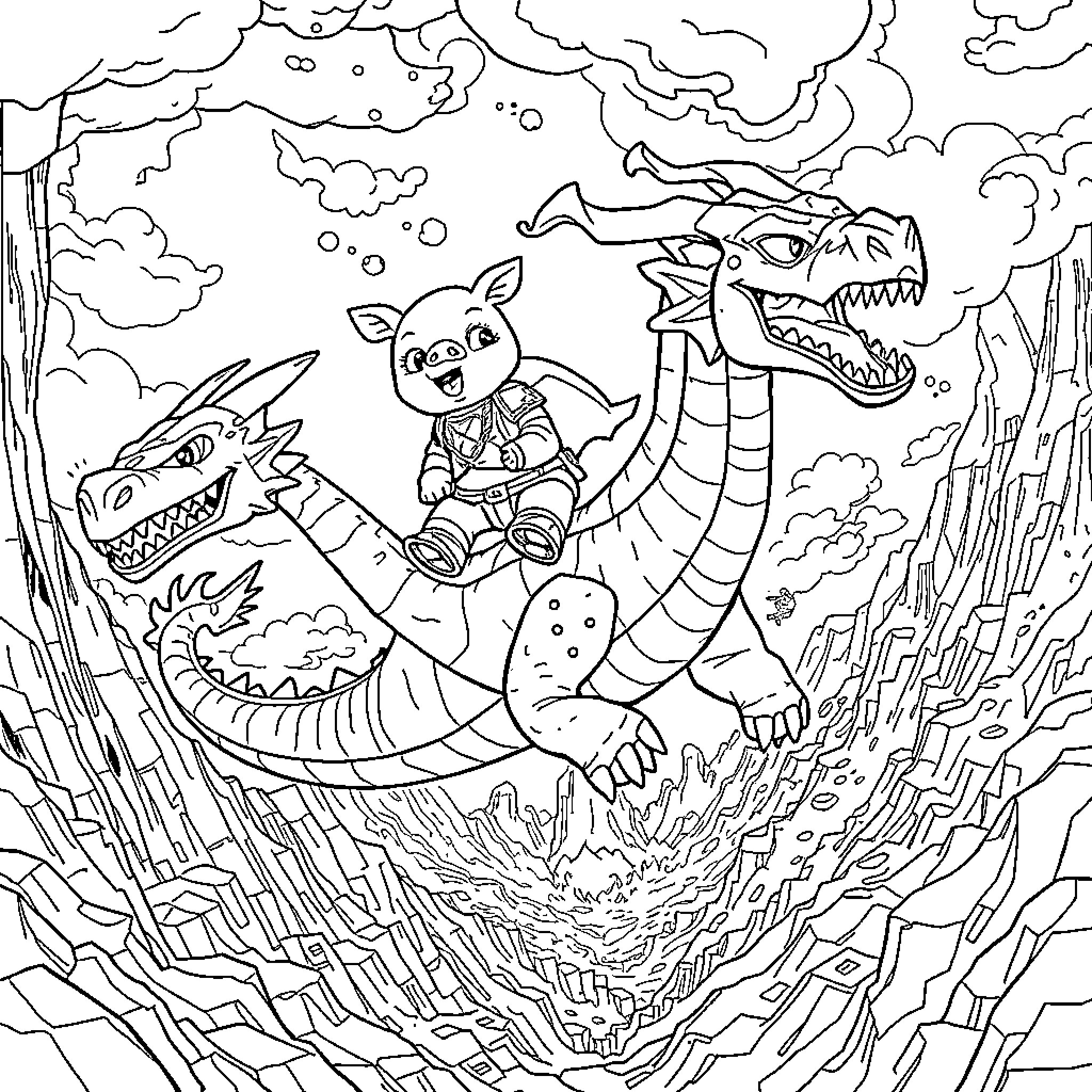 Piglin riding a fantasy dragon in a magical landscape Coloring Page (free black-and-white line drawing printable PDF for all, from beginners to advanced learners, including children, teens, adults, and seniors)