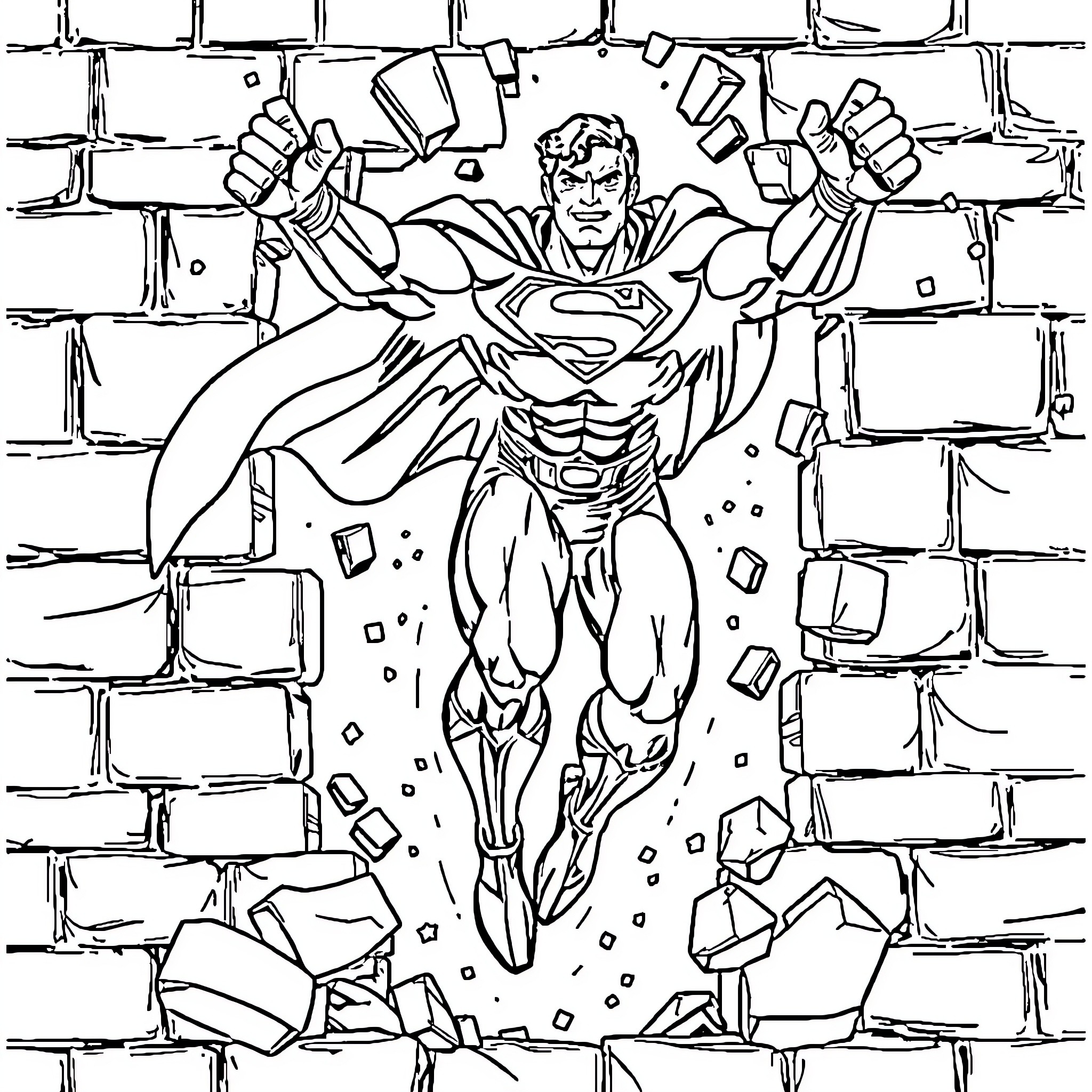 Superman breaking through the brick wall Coloring Page (free black-and-white line drawing printable PDF for all, from beginners to advanced learners, including children, teens, adults, and seniors)