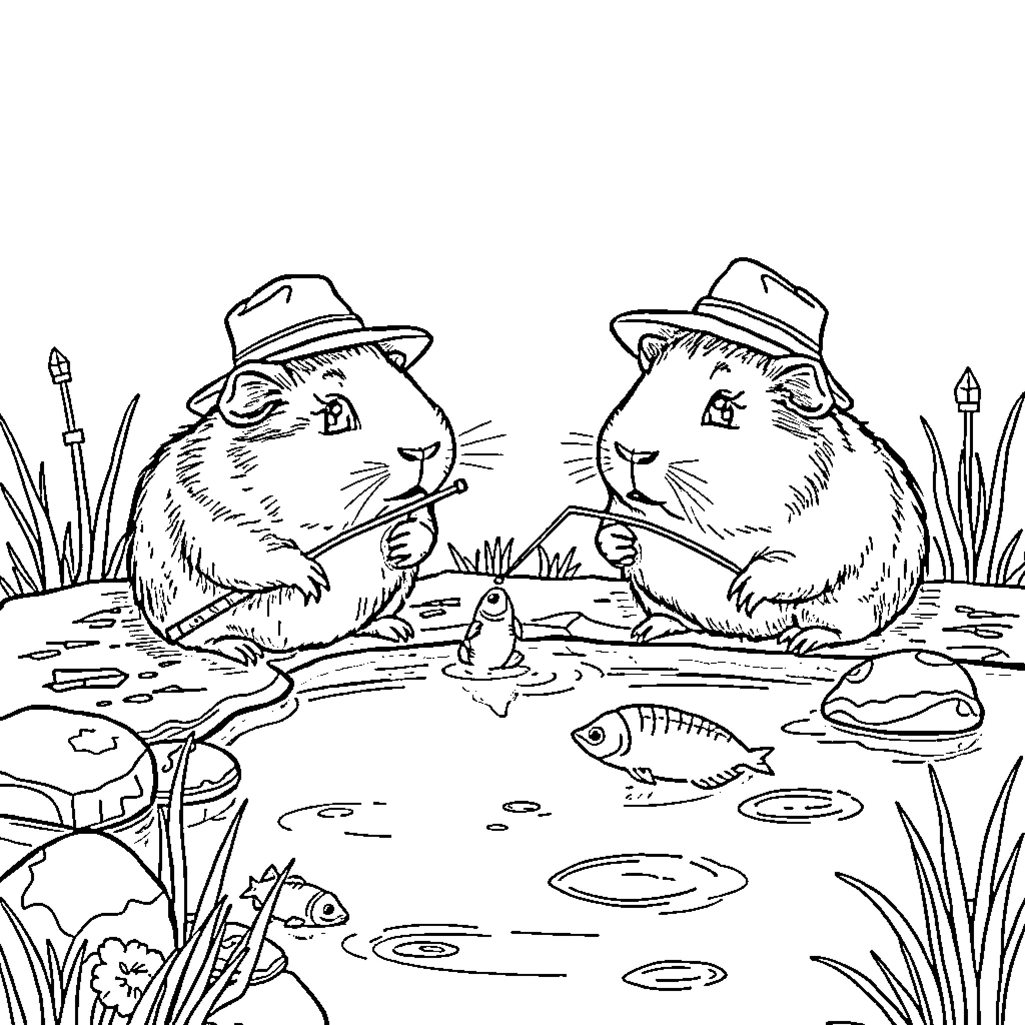 Guinea Pigs exploring the outdoor pond Coloring Page (free black-and-white line drawing printable PDF for all, from beginners to advanced learners, including children, teens, adults, and seniors)
