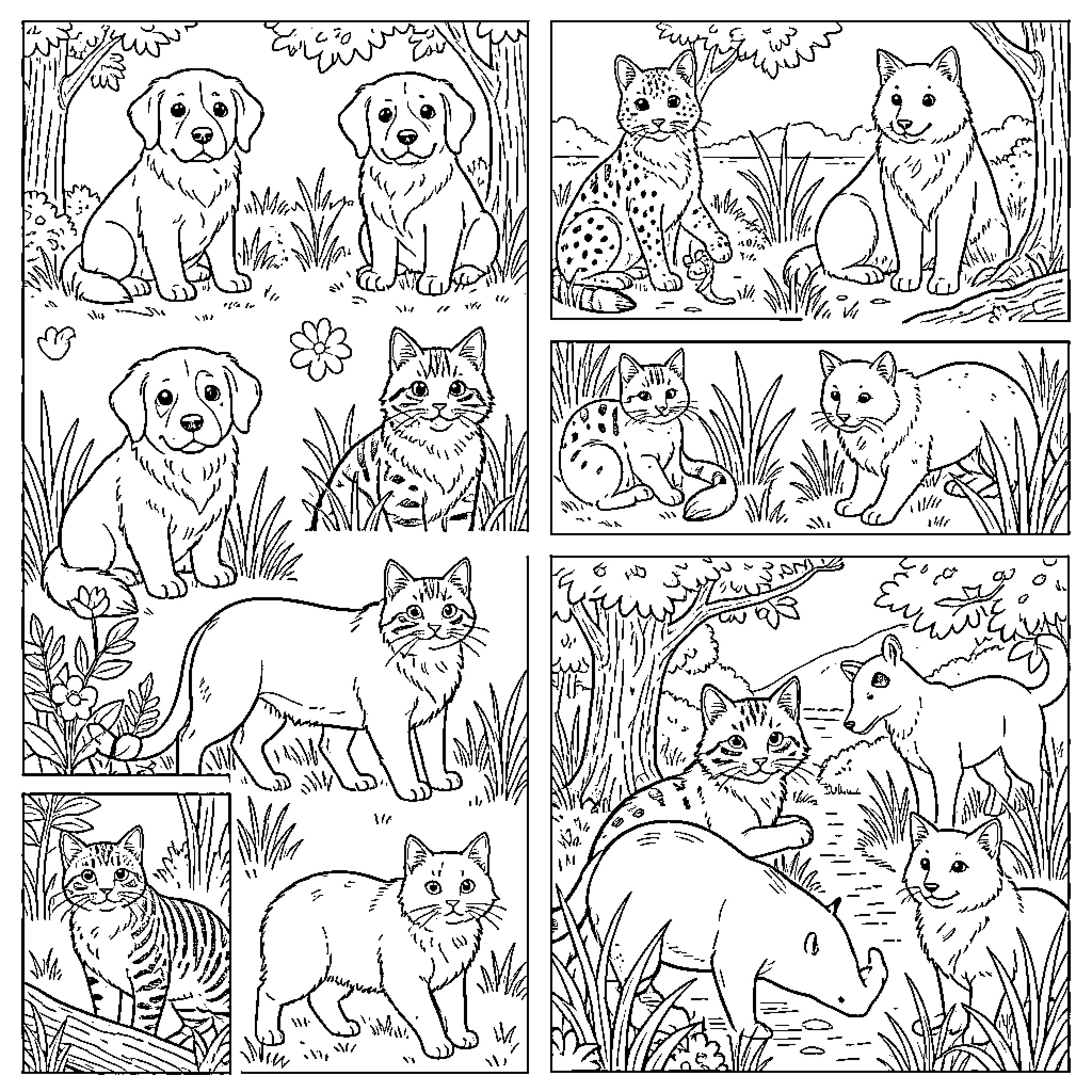 Animal friends in the wilderness Coloring Page (free black-and-white line drawing printable PDF for all, from beginners to advanced learners, including children, teens, adults, and seniors)