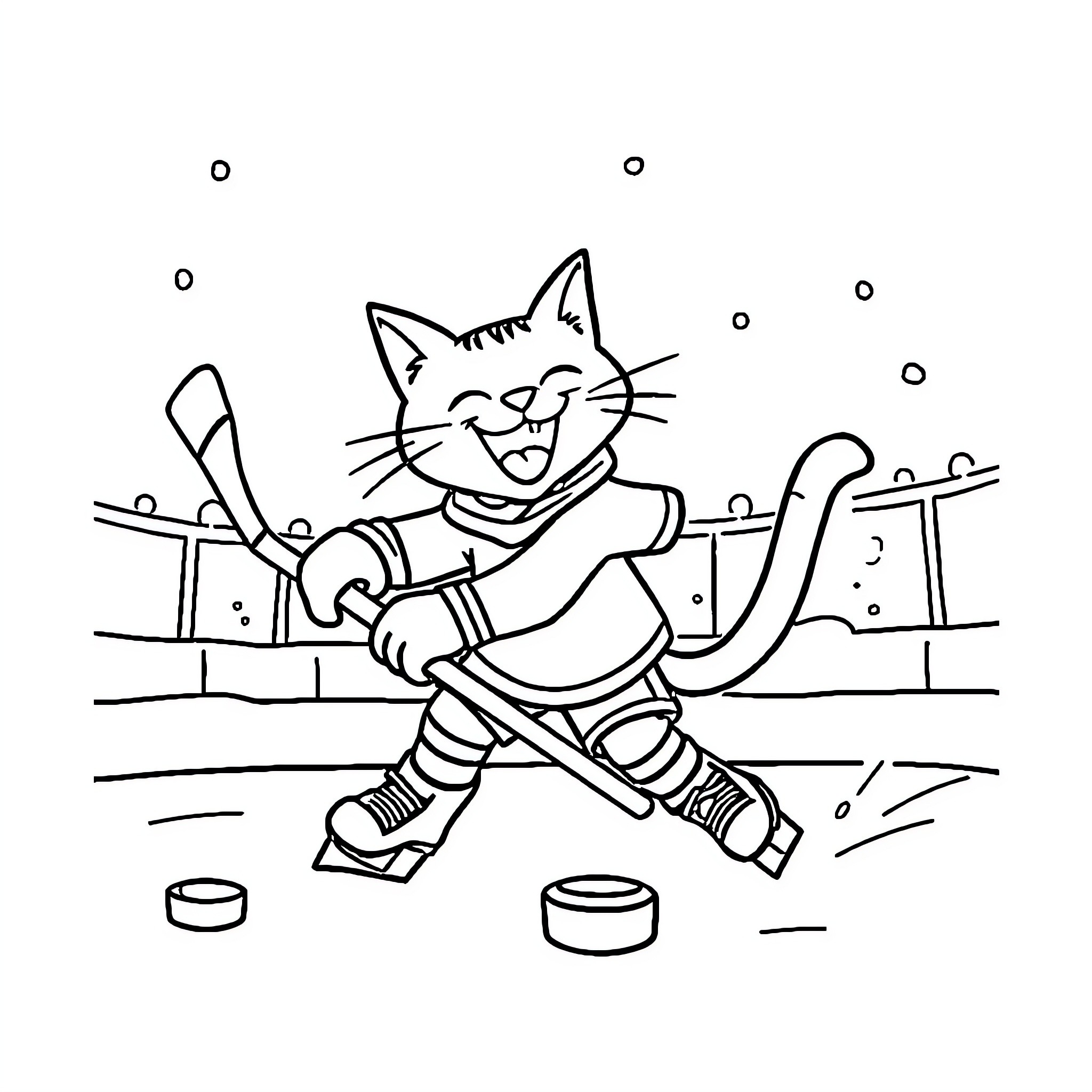Pete the Cat playing hockey on the ice rink Coloring Page (free black-and-white line drawing printable PDF for all, from beginners to advanced learners, including children, teens, adults, and seniors)