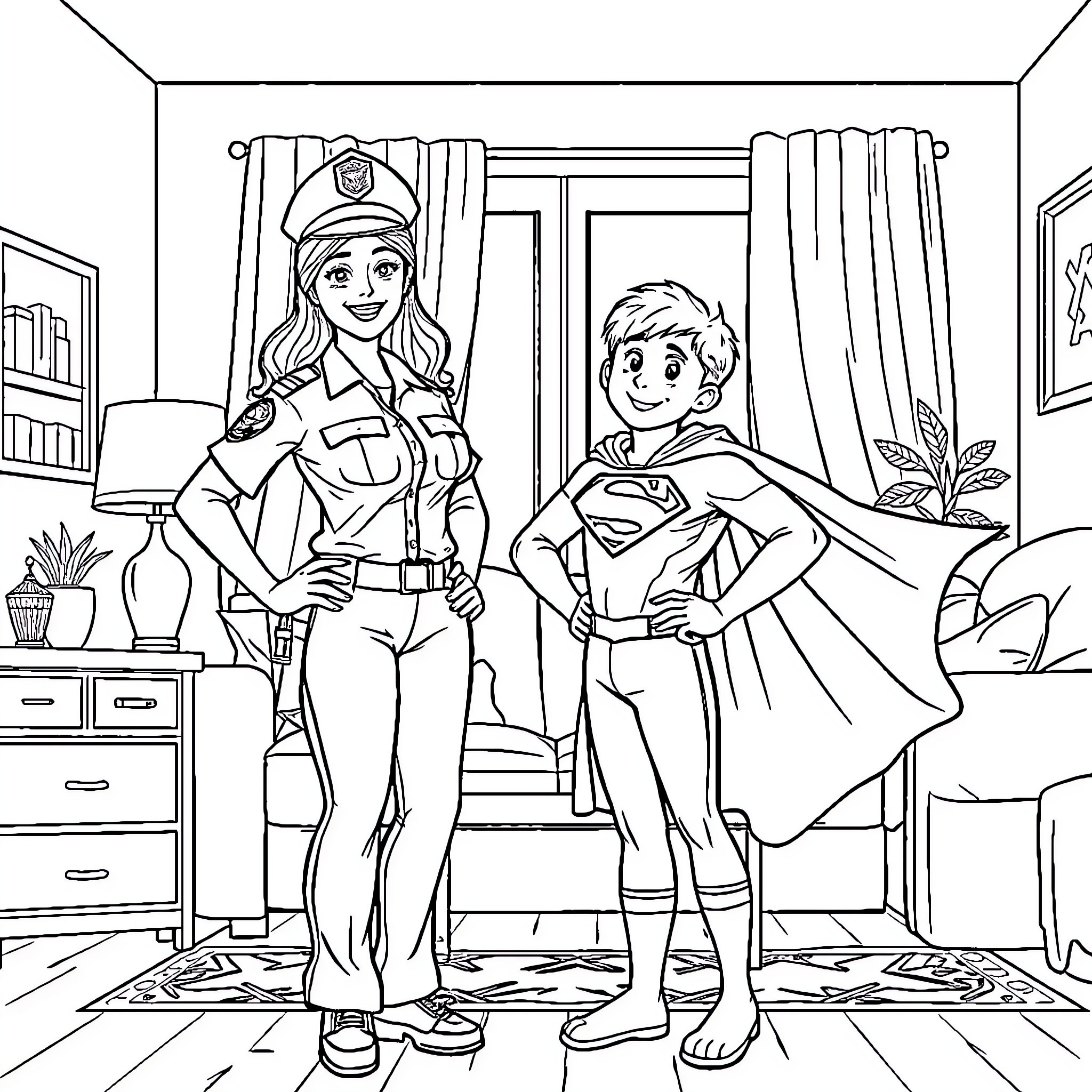 Family Dress-Up as Superheroes in the Home Coloring Page (free black-and-white line drawing printable PDF for all, from beginners to advanced learners, including children, teens, adults, and seniors)