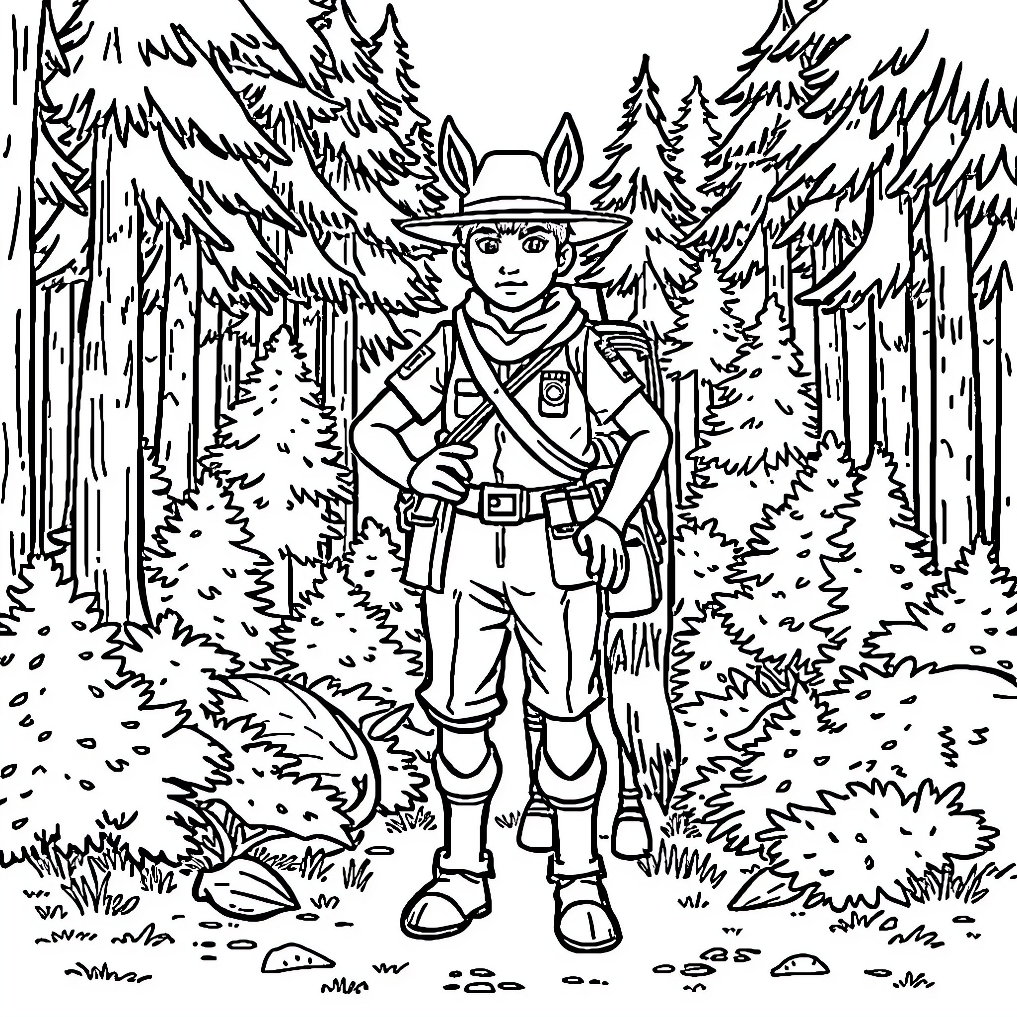 Maremano exploring the wilderness in outdoor gear Coloring Page (free black-and-white line drawing printable PDF for all, from beginners to advanced learners, including children, teens, adults, and seniors)