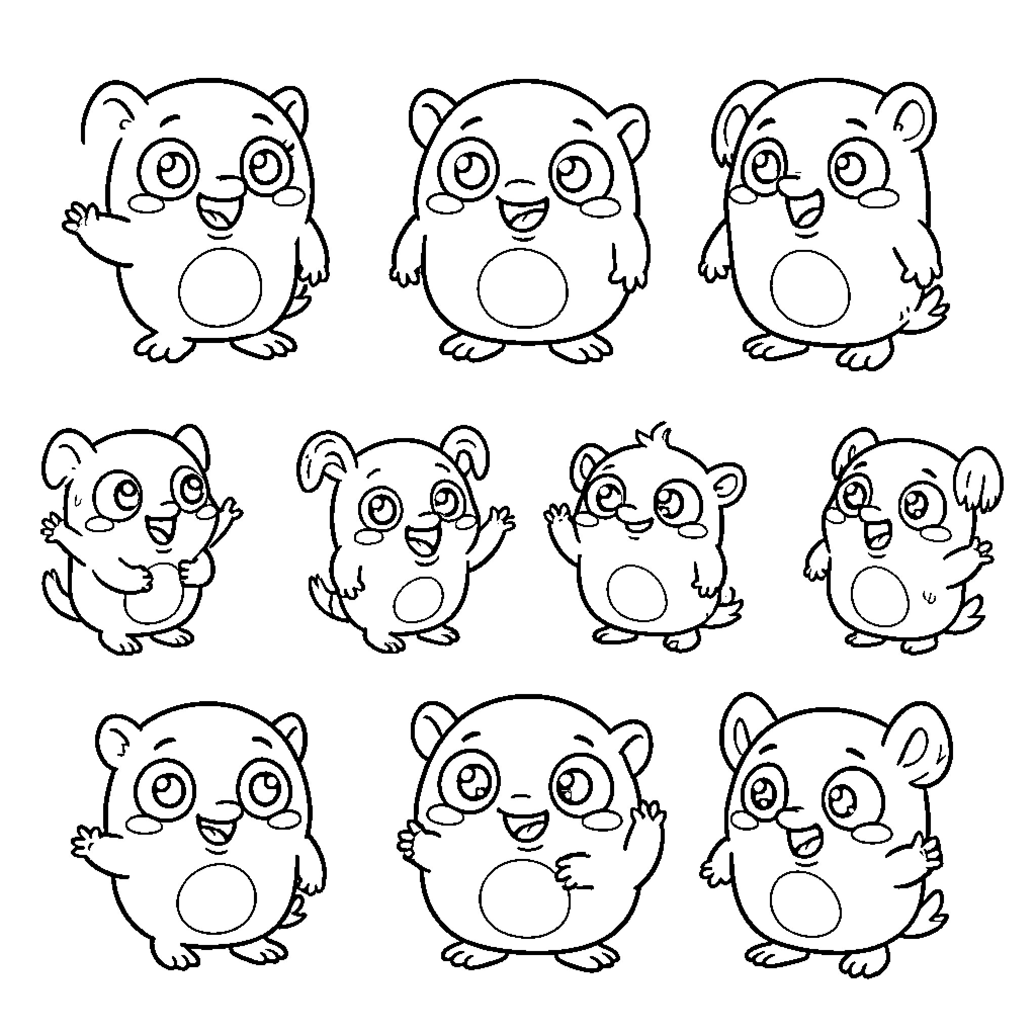 Minion characters displaying various happy and waving expressions Coloring Page (free black-and-white line drawing printable PDF for all, from beginners to advanced learners, including children, teens, adults, and seniors)