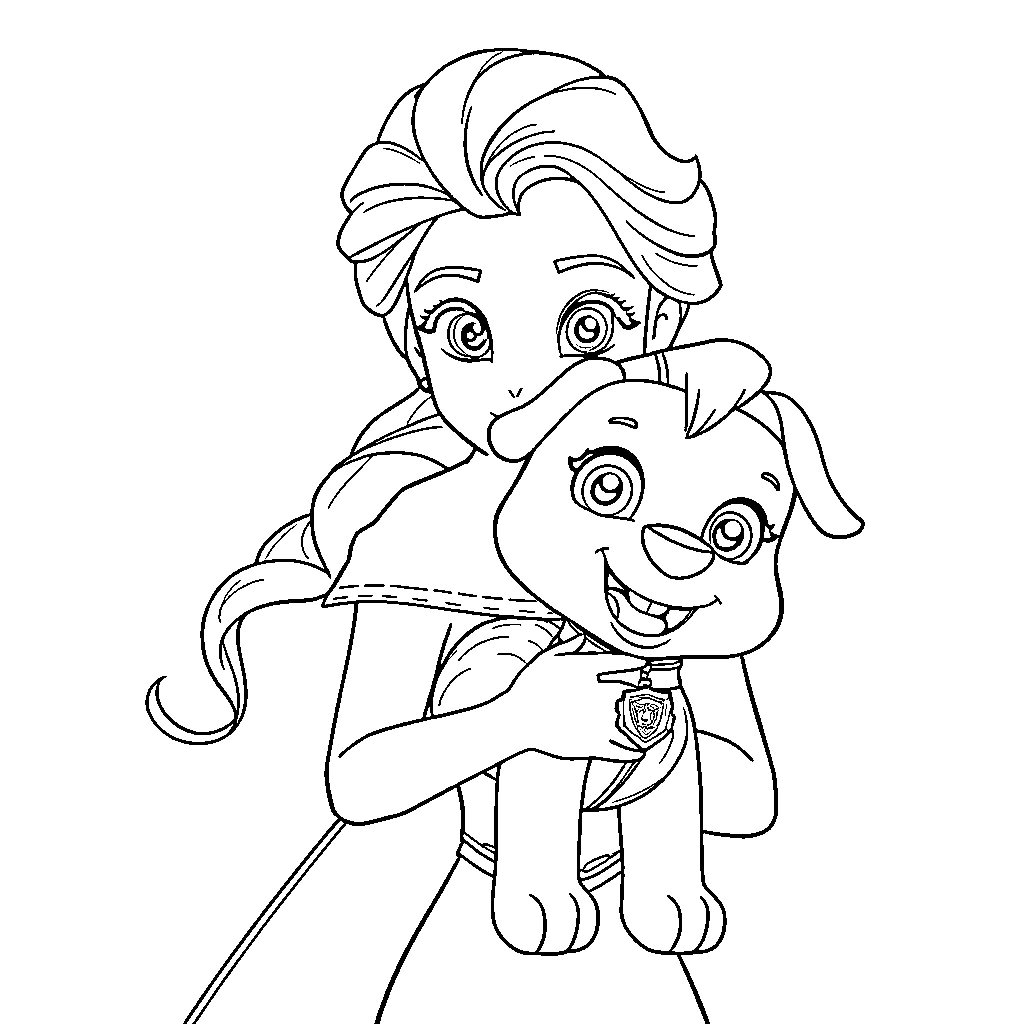 Elsa embracing a playful puppy Coloring Page (free black-and-white line drawing printable PDF for all, from beginners to advanced learners, including children, teens, adults, and seniors)