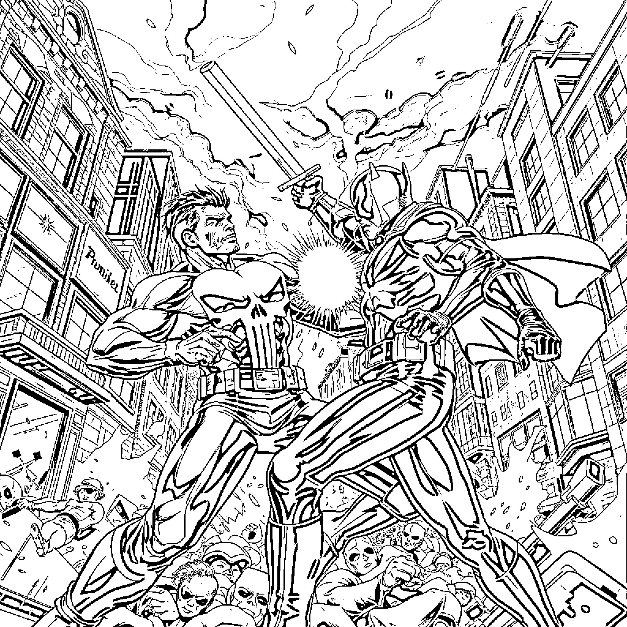 Punisher confronting a masked villain in the city Coloring Page (free black-and-white line drawing printable PDF for all, from beginners to advanced learners, including children, teens, adults, and seniors)