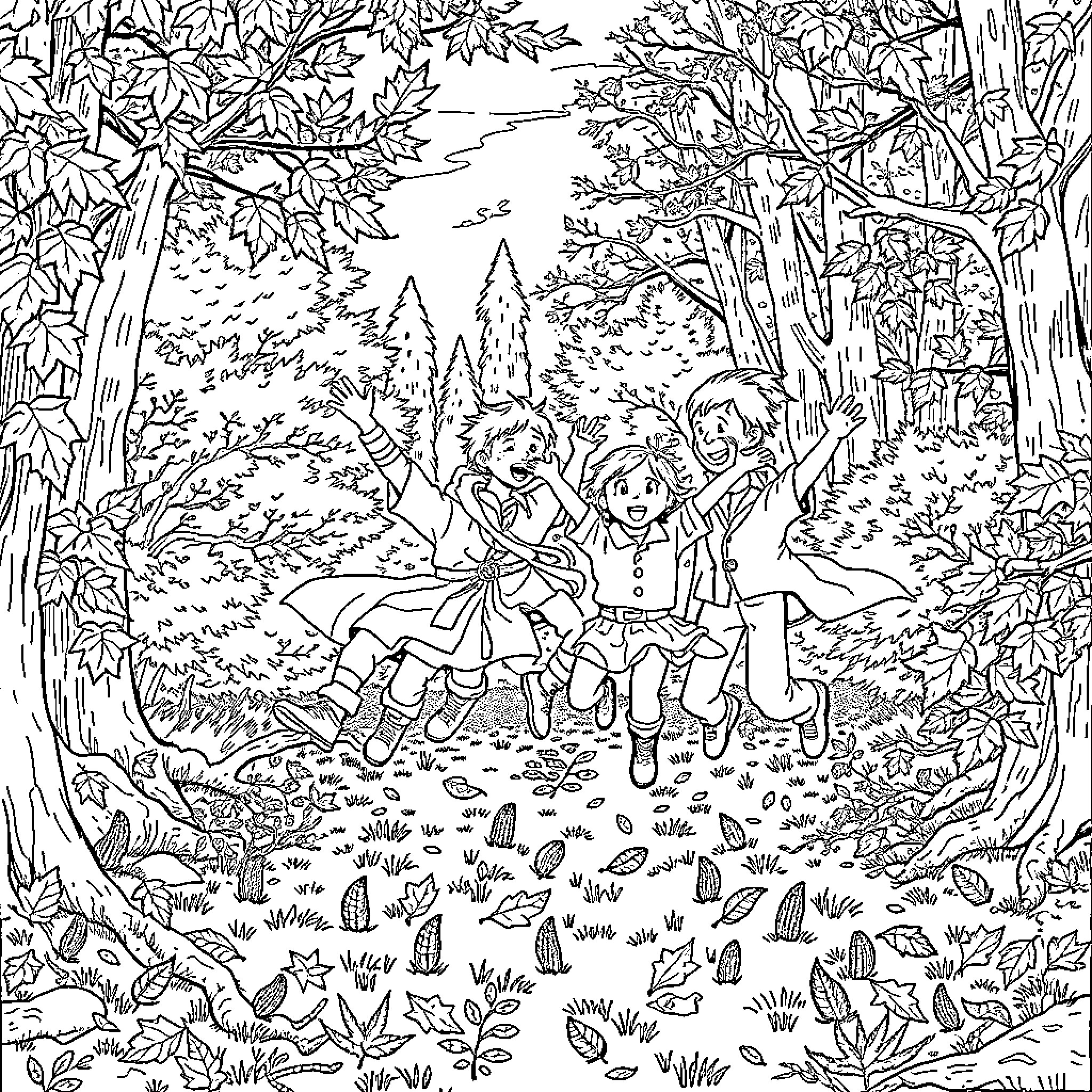 Hobbit Friends Explore the Enchanted Forest Coloring Page (free black-and-white line drawing printable PDF for all, from beginners to advanced learners, including children, teens, adults, and seniors)