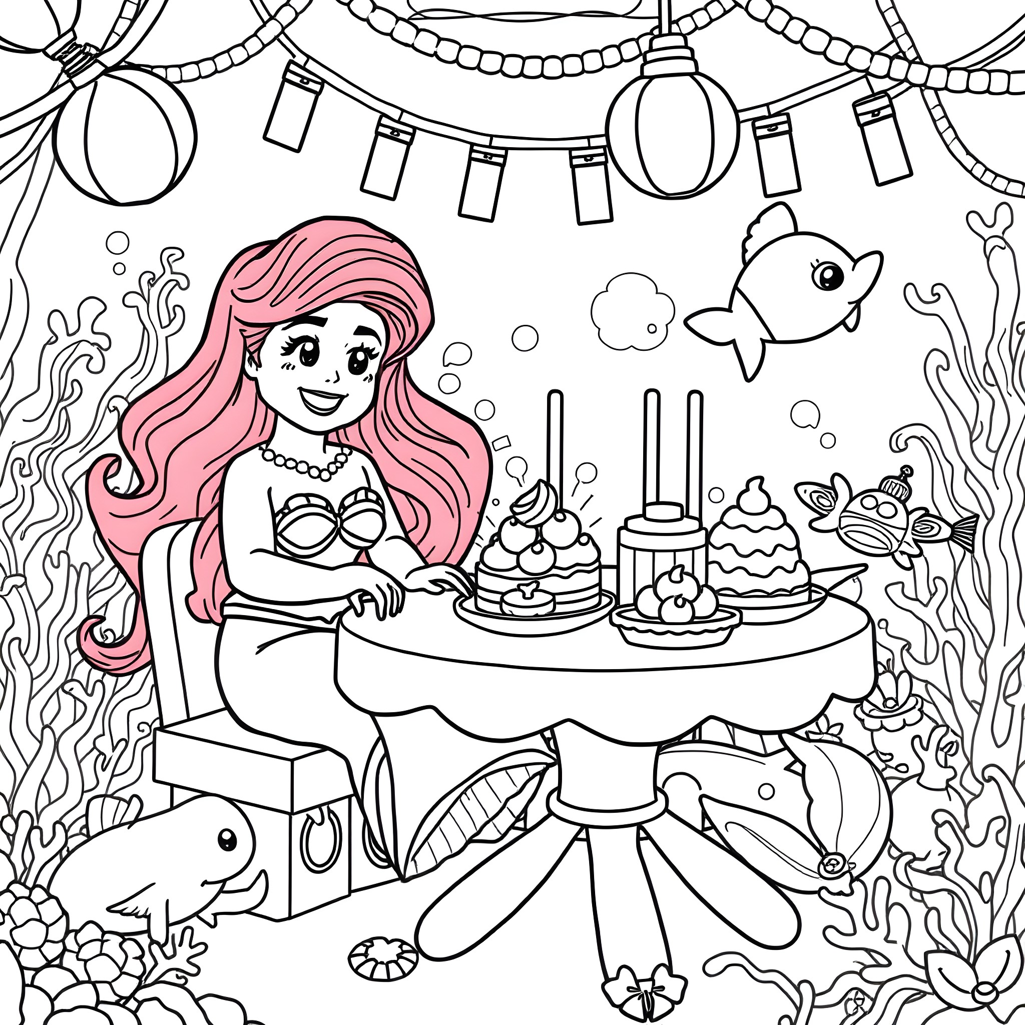 Ariel Enjoying a Festive Underwater Tea Party Coloring Page (free black-and-white line drawing printable PDF for all, from beginners to advanced learners, including children, teens, adults, and seniors)