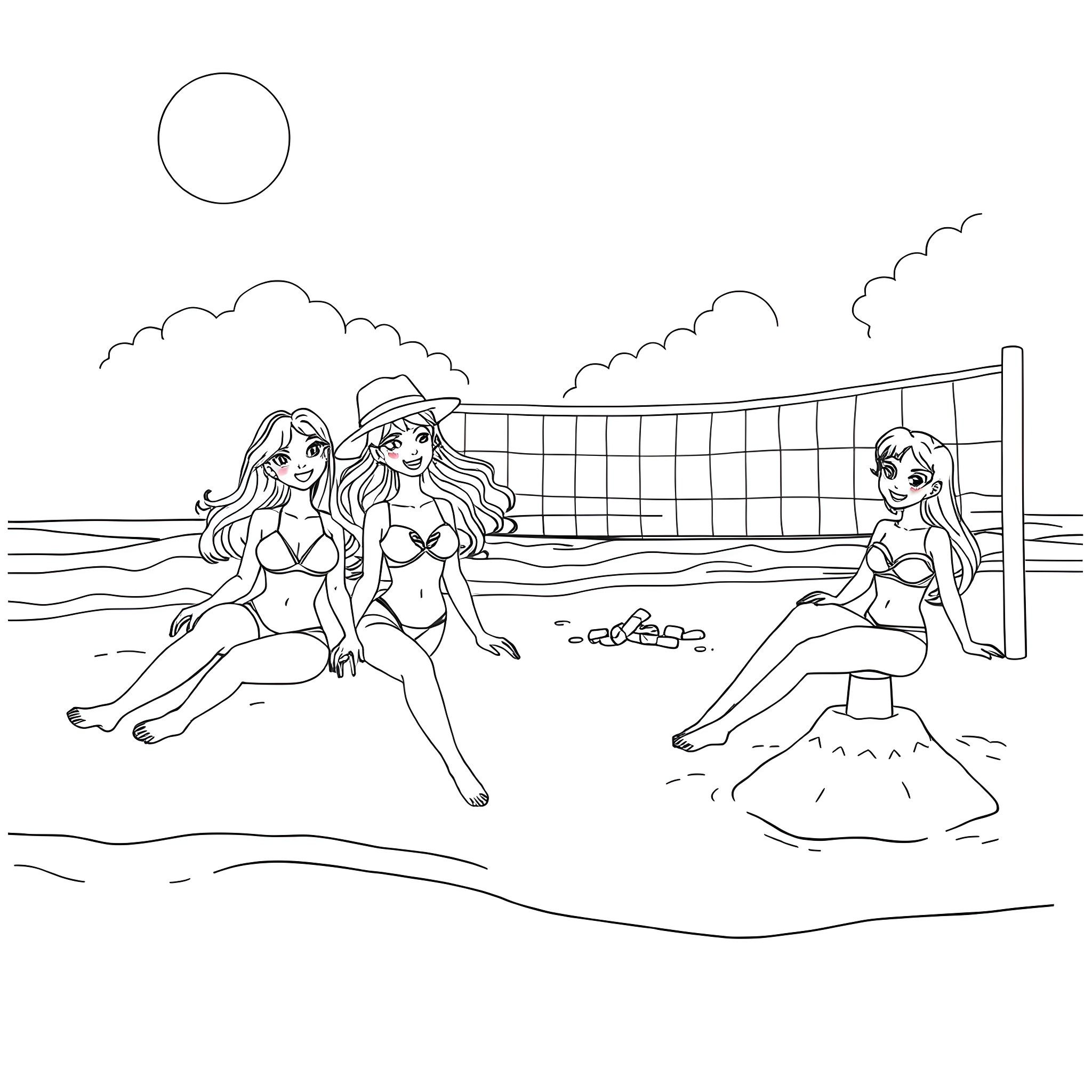 Bikini Girls Playing Volleyball on the Beach Coloring Page (free black-and-white line drawing printable PDF for all, from beginners to advanced learners, including children, teens, adults, and seniors)