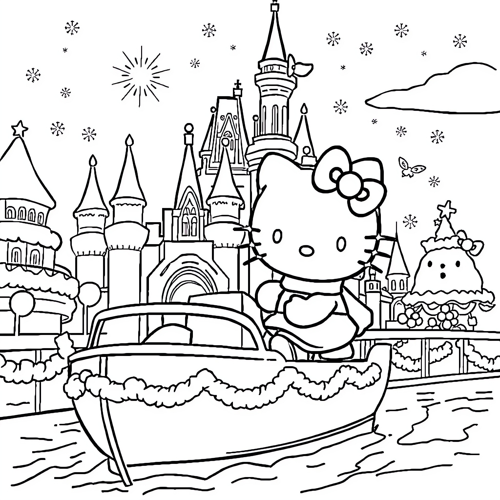 Hello Kitty enjoying a magical castle adventure Coloring Page (free black-and-white line drawing printable PDF for all, from beginners to advanced learners, including children, teens, adults, and seniors)