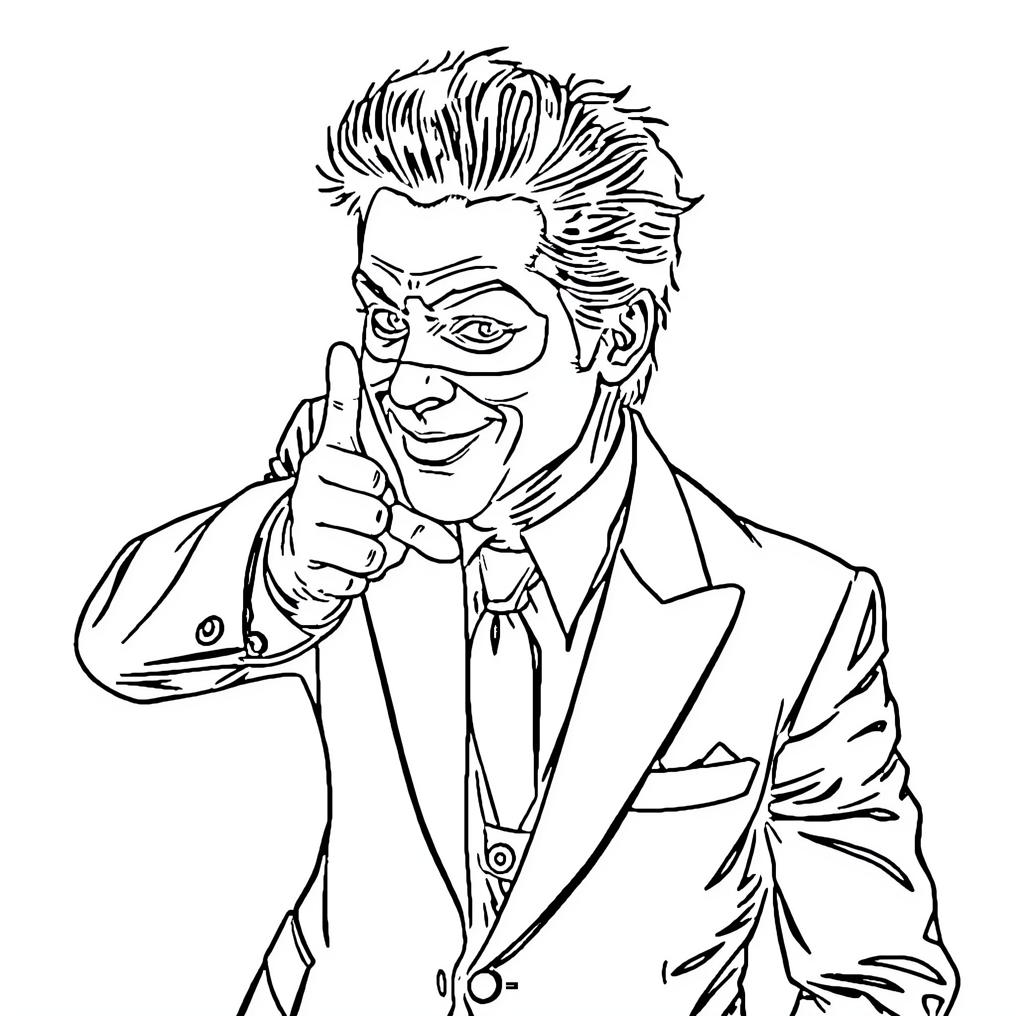 Mask of a person in a suit gesturing with hand Coloring Page (free black-and-white line drawing printable PDF for all, from beginners to advanced learners, including children, teens, adults, and seniors)