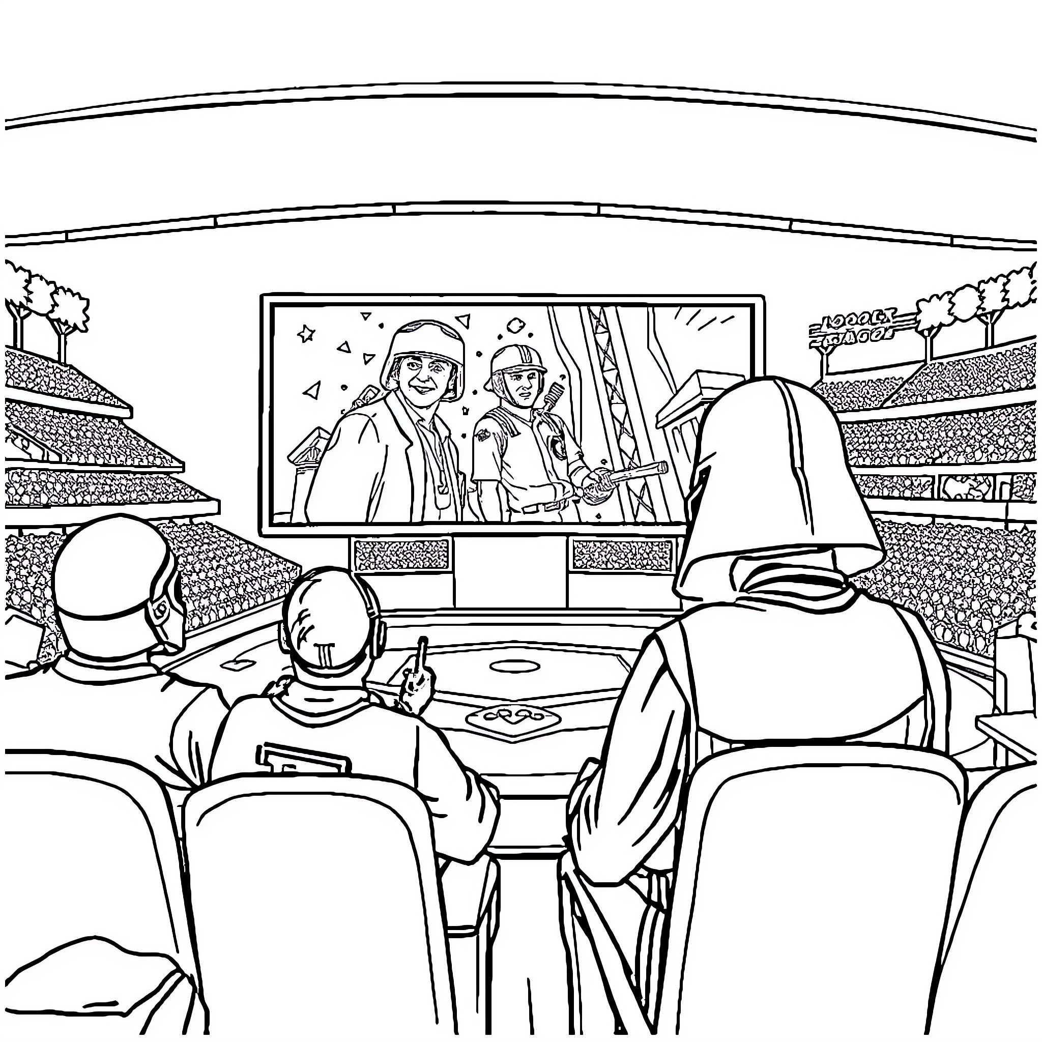 Star Wars characters in a dramatic stadium scene Coloring Page (free black-and-white line drawing printable PDF for all, from beginners to advanced learners, including children, teens, adults, and seniors)