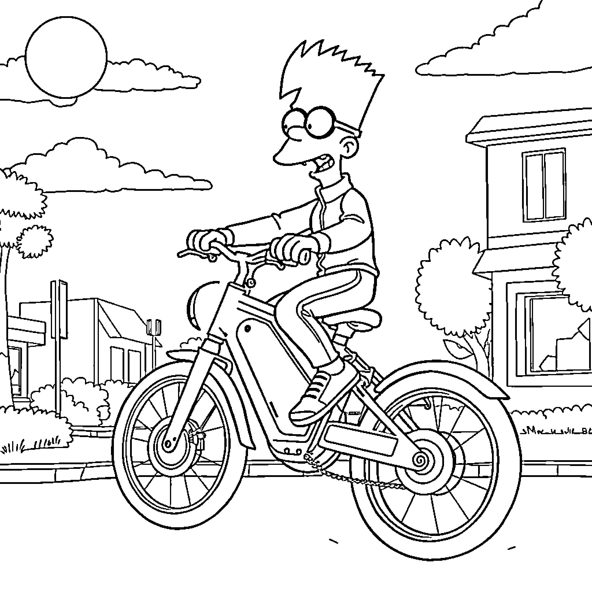 Bart Simpson riding a bicycle in the neighborhood Coloring Page (free black-and-white line drawing printable PDF for all, from beginners to advanced learners, including children, teens, adults, and seniors)