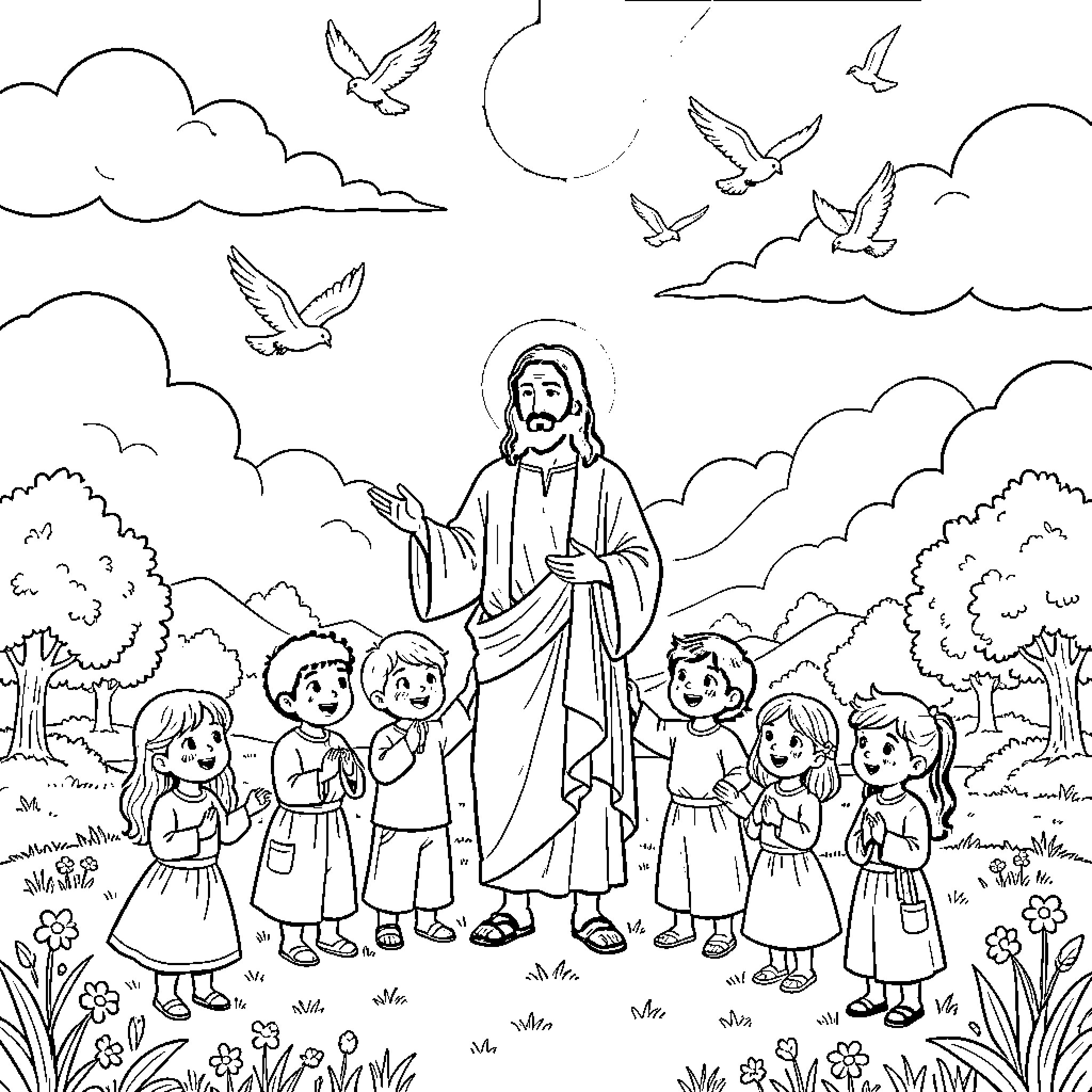 Jesus teaching and blessing children in a serene setting Coloring Page (free black-and-white line drawing printable PDF for all, from beginners to advanced learners, including children, teens, adults, and seniors)