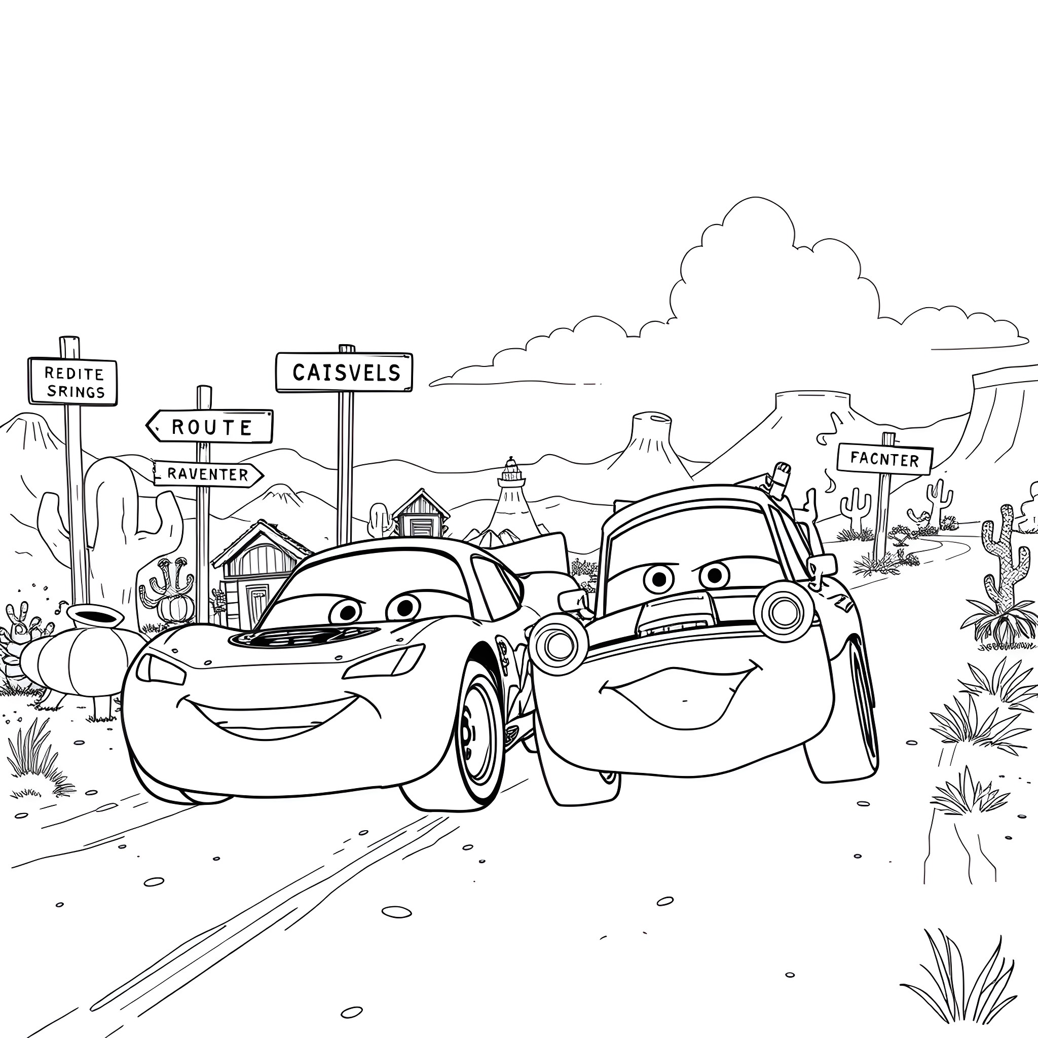 Lightning McQueen and Mater on the road Coloring Page (free black-and-white line drawing printable PDF for all, from beginners to advanced learners, including children, teens, adults, and seniors)
