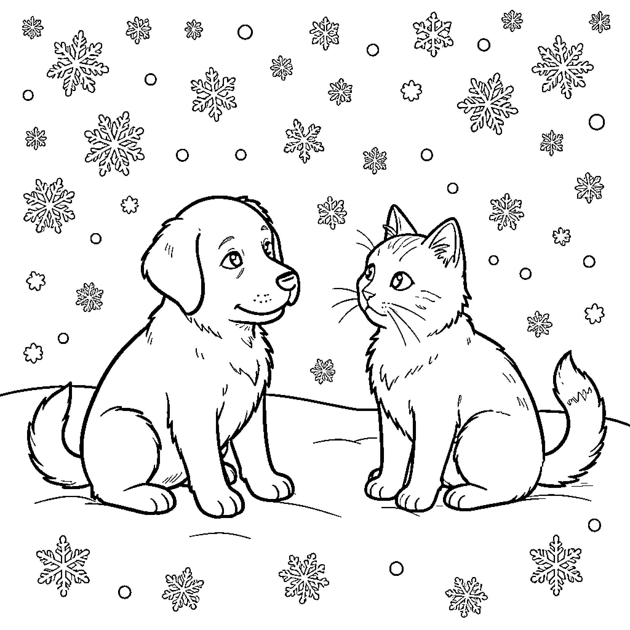 Puppy and Kitten in Snowy Winter Scene Coloring Page (free black-and-white line drawing printable PDF for all, from beginners to advanced learners, including children, teens, adults, and seniors)