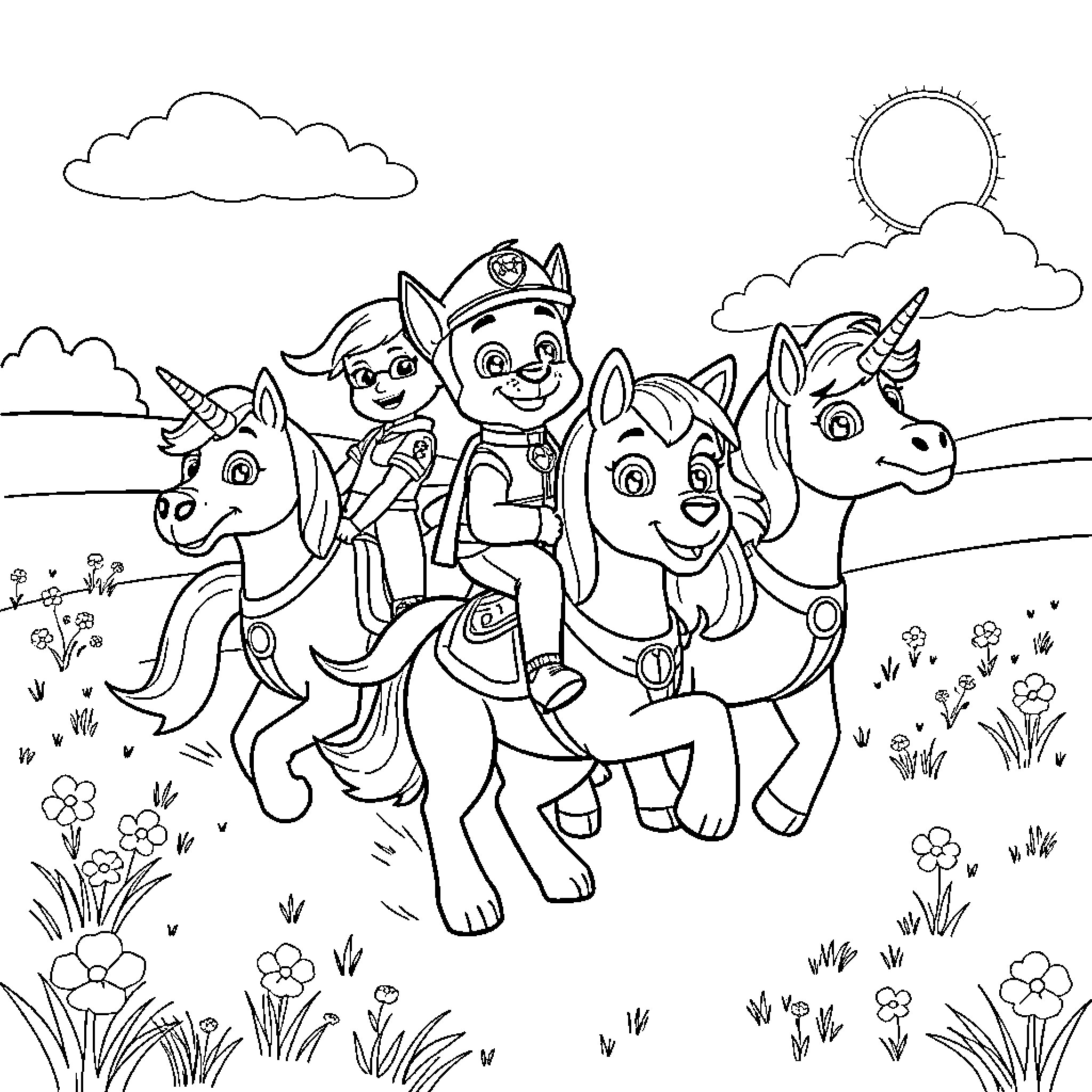 Paw Patrol exploring a magical field with unicorns Coloring Page (free black-and-white line drawing printable PDF for all, from beginners to advanced learners, including children, teens, adults, and seniors)