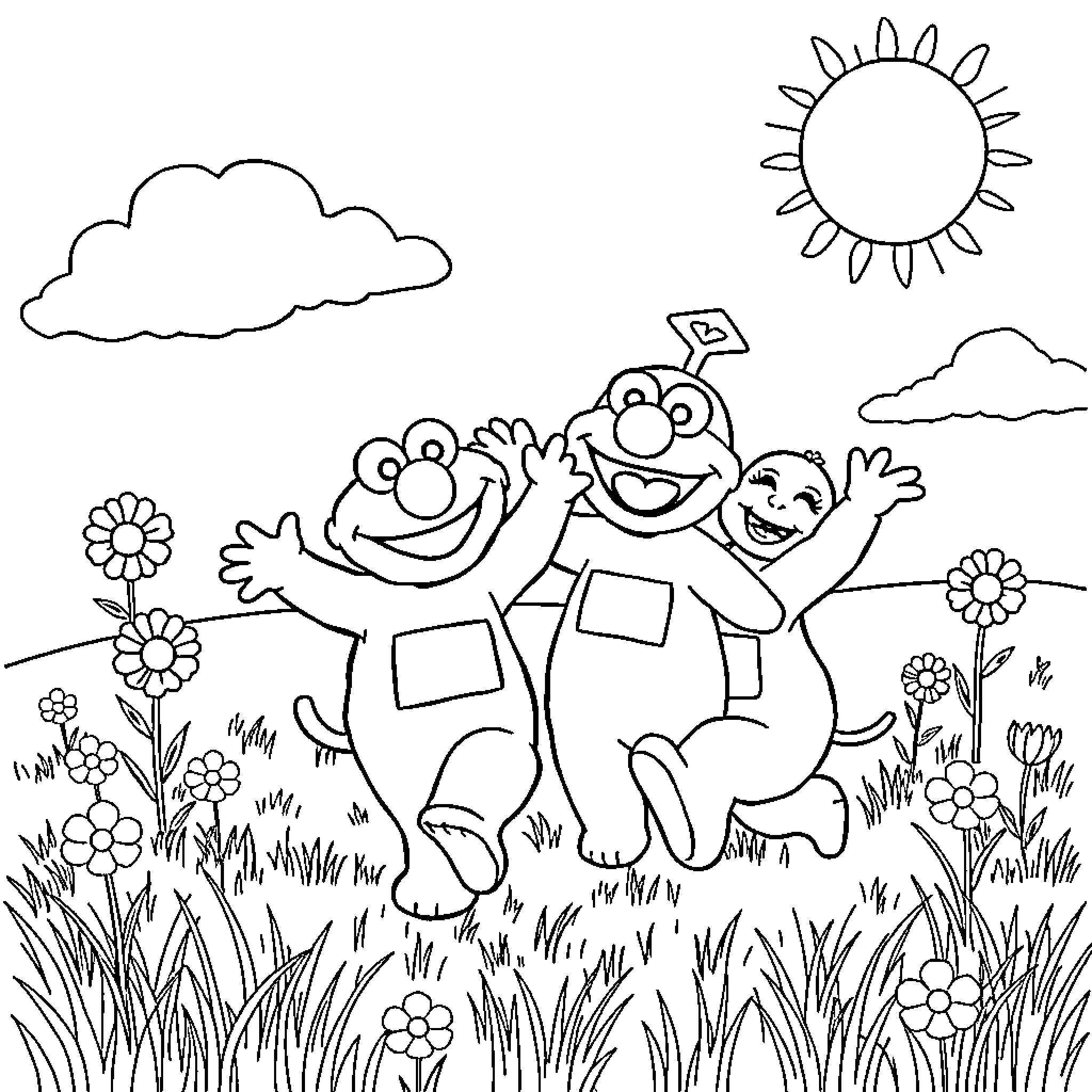 Elmo and Friends Happily Playing in Nature Coloring Page (free black-and-white line drawing printable PDF for all, from beginners to advanced learners, including children, teens, adults, and seniors)