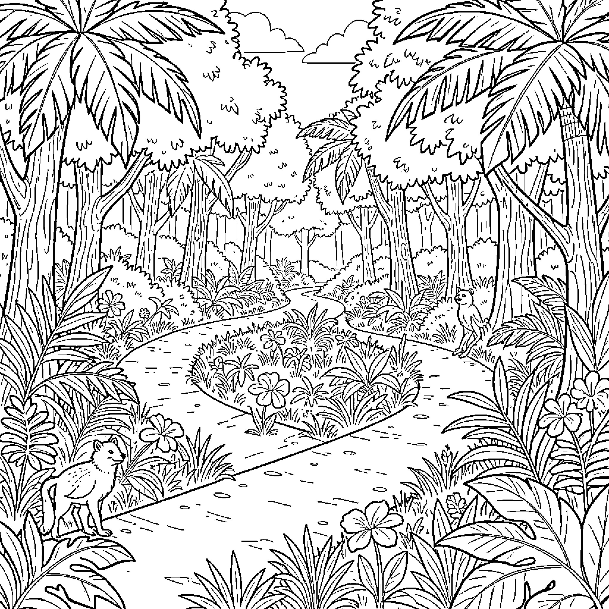 Jungle animals exploring a winding forest stream Coloring Page (free black-and-white line drawing printable PDF for all, from beginners to advanced learners, including children, teens, adults, and seniors)