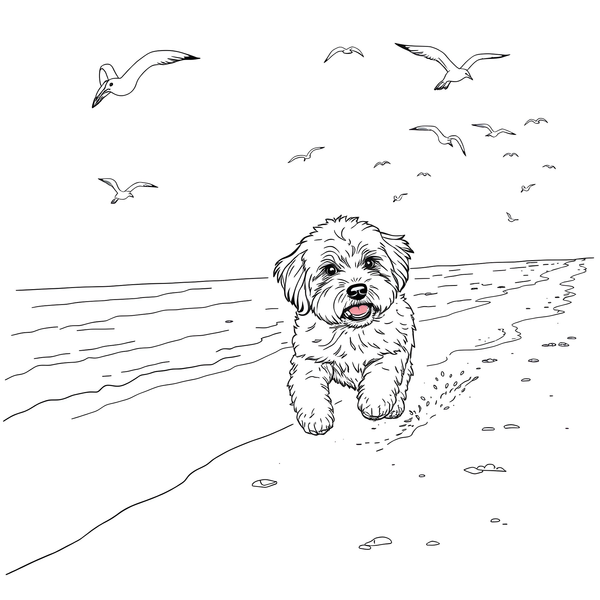 Cavoodle frolicking on the beach with seagulls Coloring Page (free black-and-white line drawing printable PDF for all, from beginners to advanced learners, including children, teens, adults, and seniors)